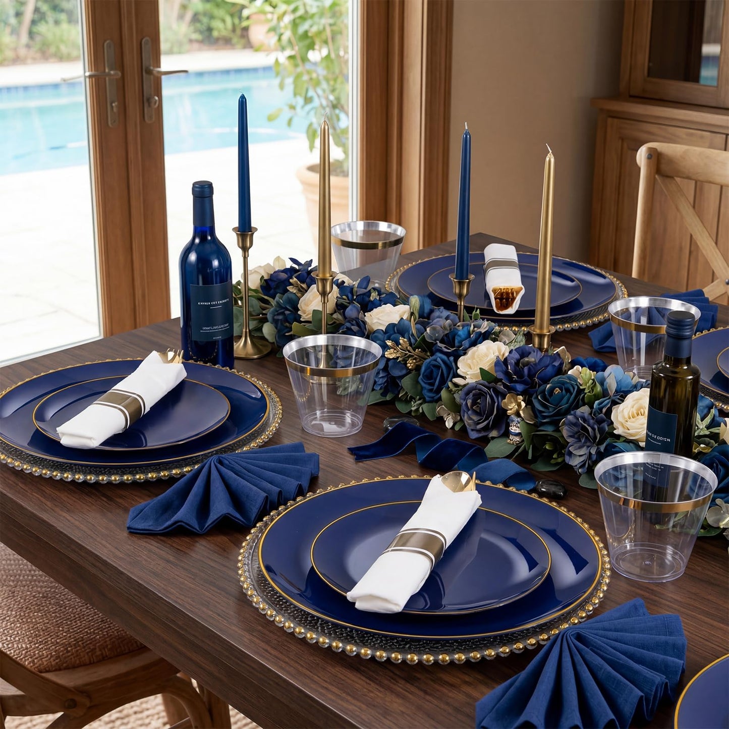 KIRE 175Pcs Blue Plastic Plates - Navy Blue Plates Disposable - 25 for Dinner 25 for Dessert 25 Pre Rolled Napkins with Gold Plastic Silverware and 25 Cups for Memorial Day/Graduation/Father's Day