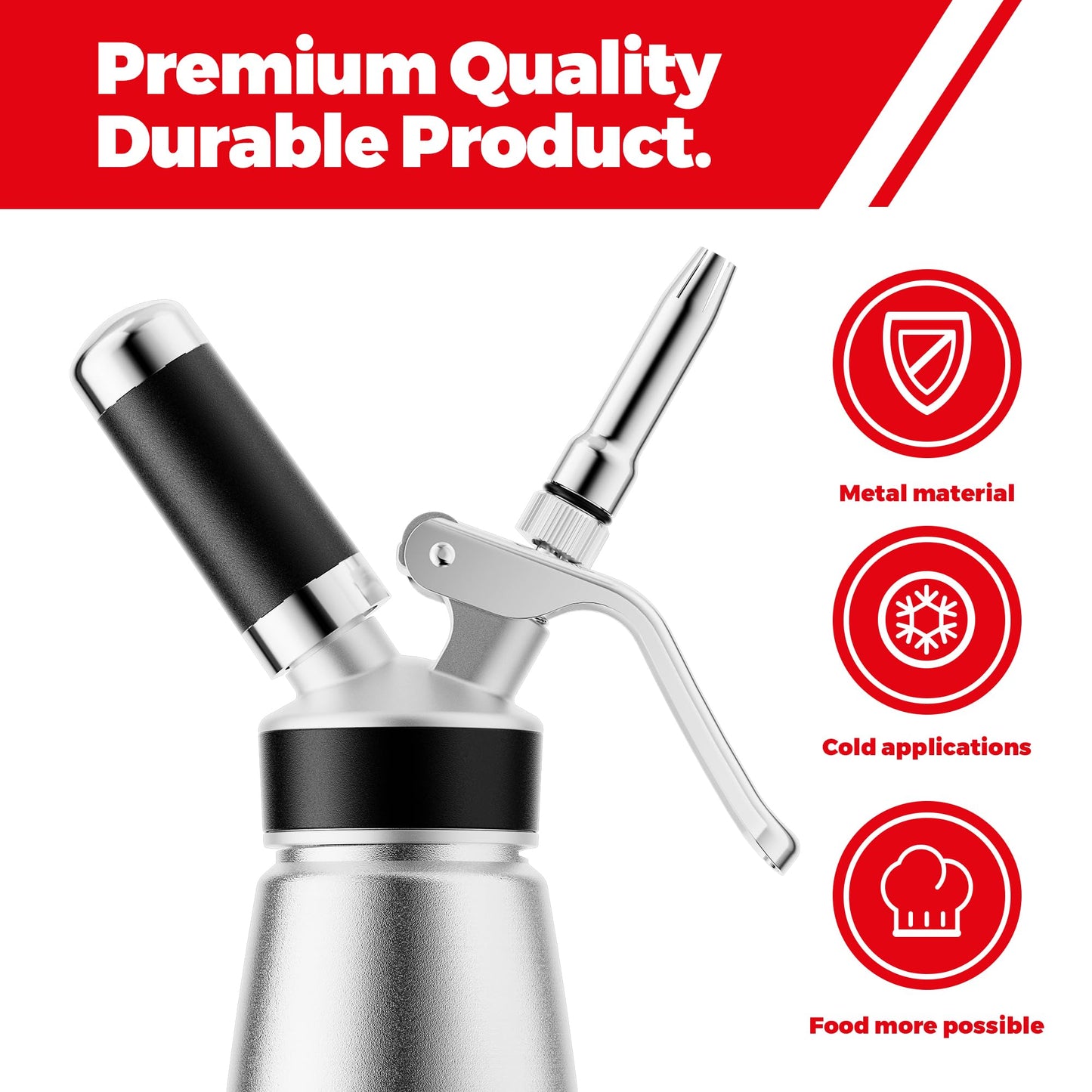 Professional Aluminum Whipped Cream Dispenser - 1000 mL/2 Pint,Leak-Free Whipped Cream Maker Canister with 8 Decorating Nozzles & Cleaning Brush - N2O Chargers (Not Included) (Silver, 1000ml)