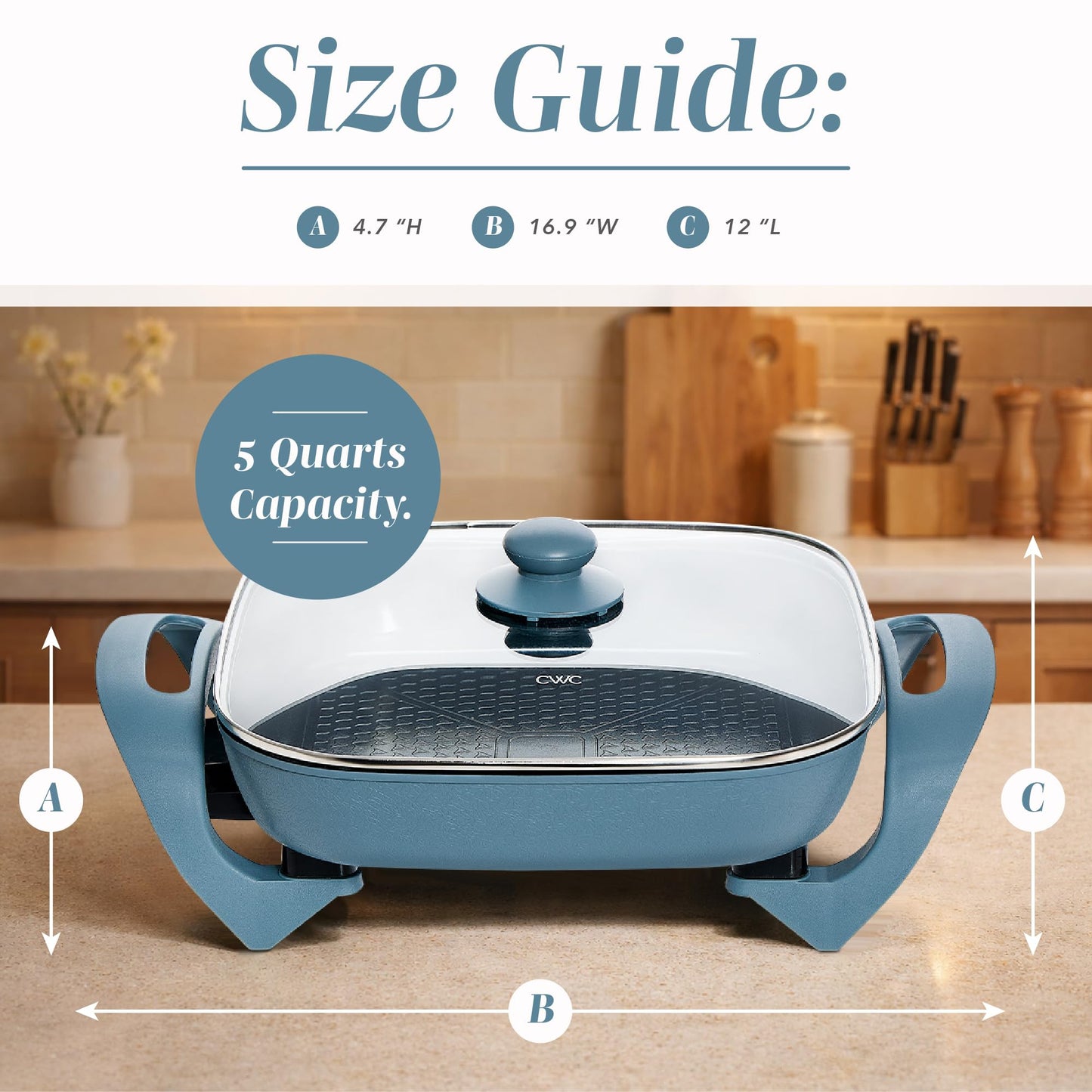COOK WITH COLOR Electric Skillet - 12" x 12" Ceramic Nonstick Pan, PFAS-Free, 1400W, Tempered Glass Lid, Variable Temperature, Removable Heating Probe, Cool-Touch Handles, Slate Blue