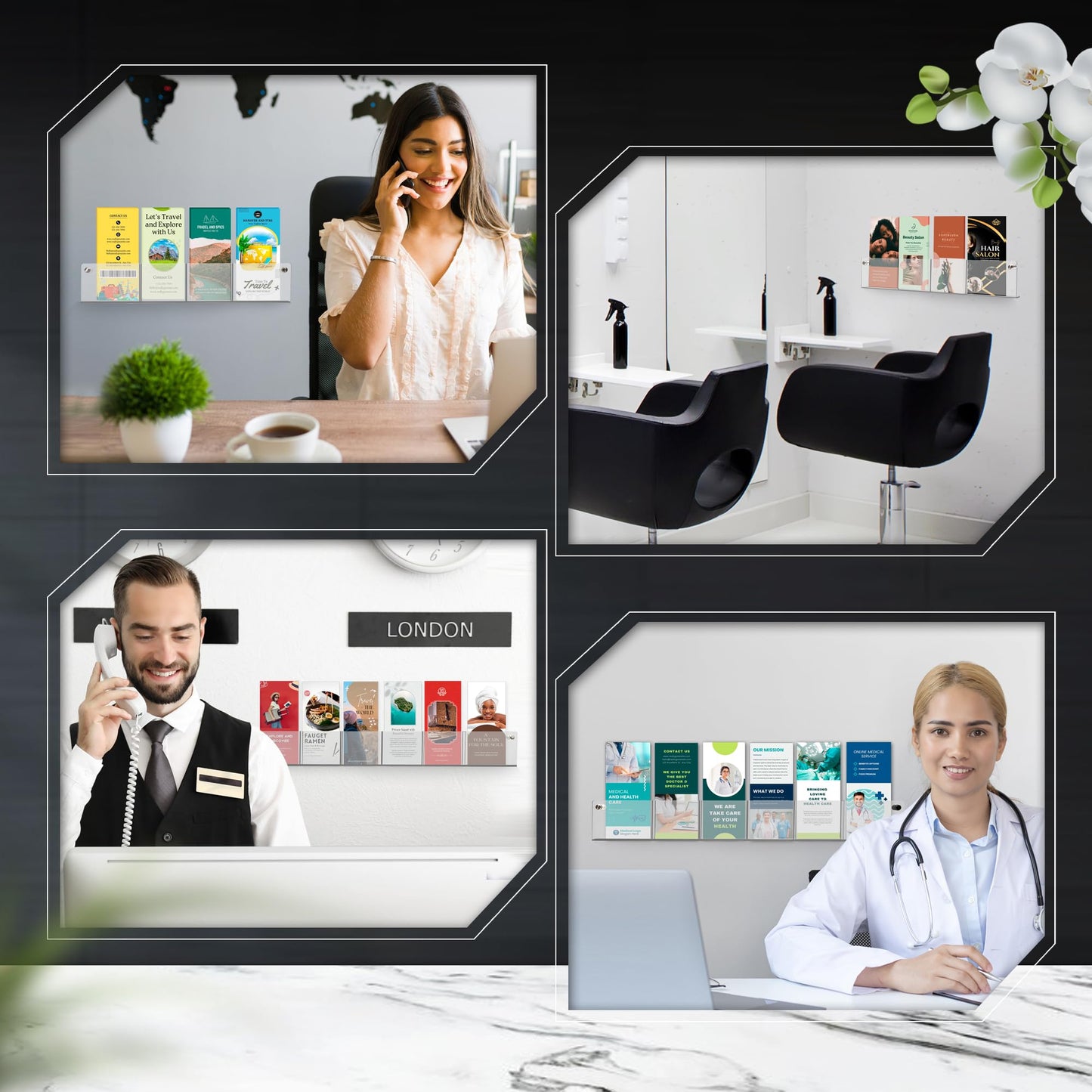 Acrylic Brochure Holder Wall Mount - Aesthetic Design, Optimized Shape, Pamphlet Holder Wall Mount - Perfect for Flyer Stand, Wall Brochure Holder - Ideal for Shop Owners & Professionals (4 Pockets)
