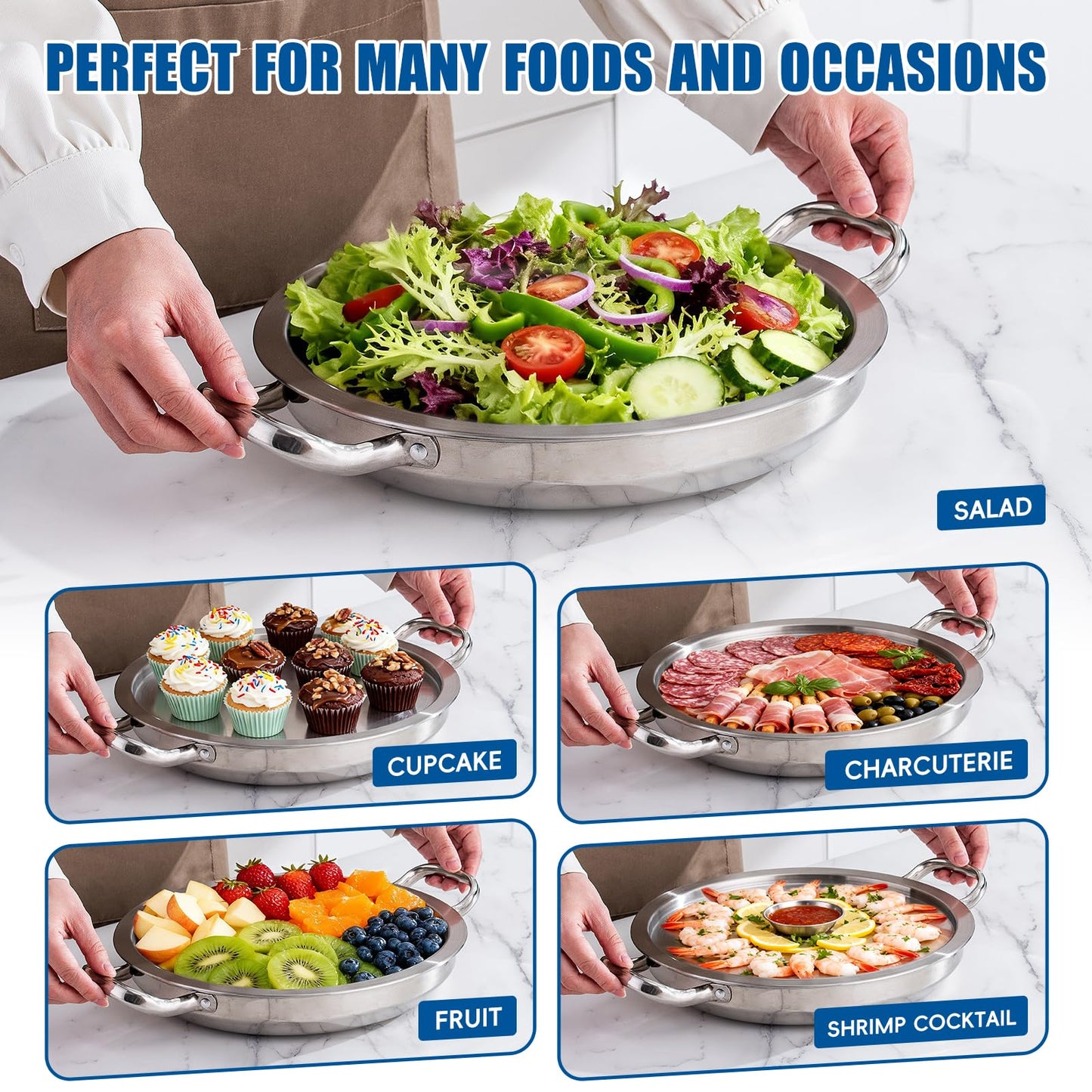 2-Set 12 Inch Shrimp Cocktail Serving Dish with Ice Tray, Cold Chilled Serving Trays, Cooling Platter Charcuterie Board for Appetizer Oyster Salad Buffet Parties, Dishwasher Safe, Stainless Steel