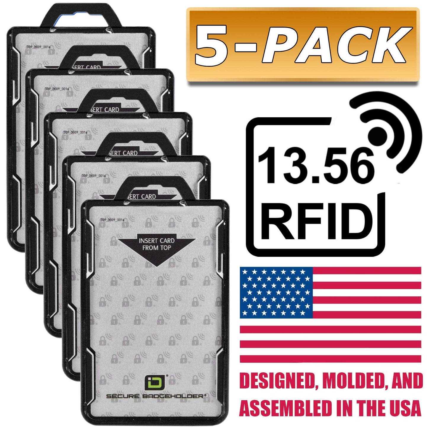 ID Stronghold - Pack of 5 - RFID Blocking Secure Badge Holder - Duolite 2 Card ID Holder - Poly Carbonate - Heavy Duty Plastic ID Badge Holder - USA Molded and Assembled - FIPS 201 Approved
