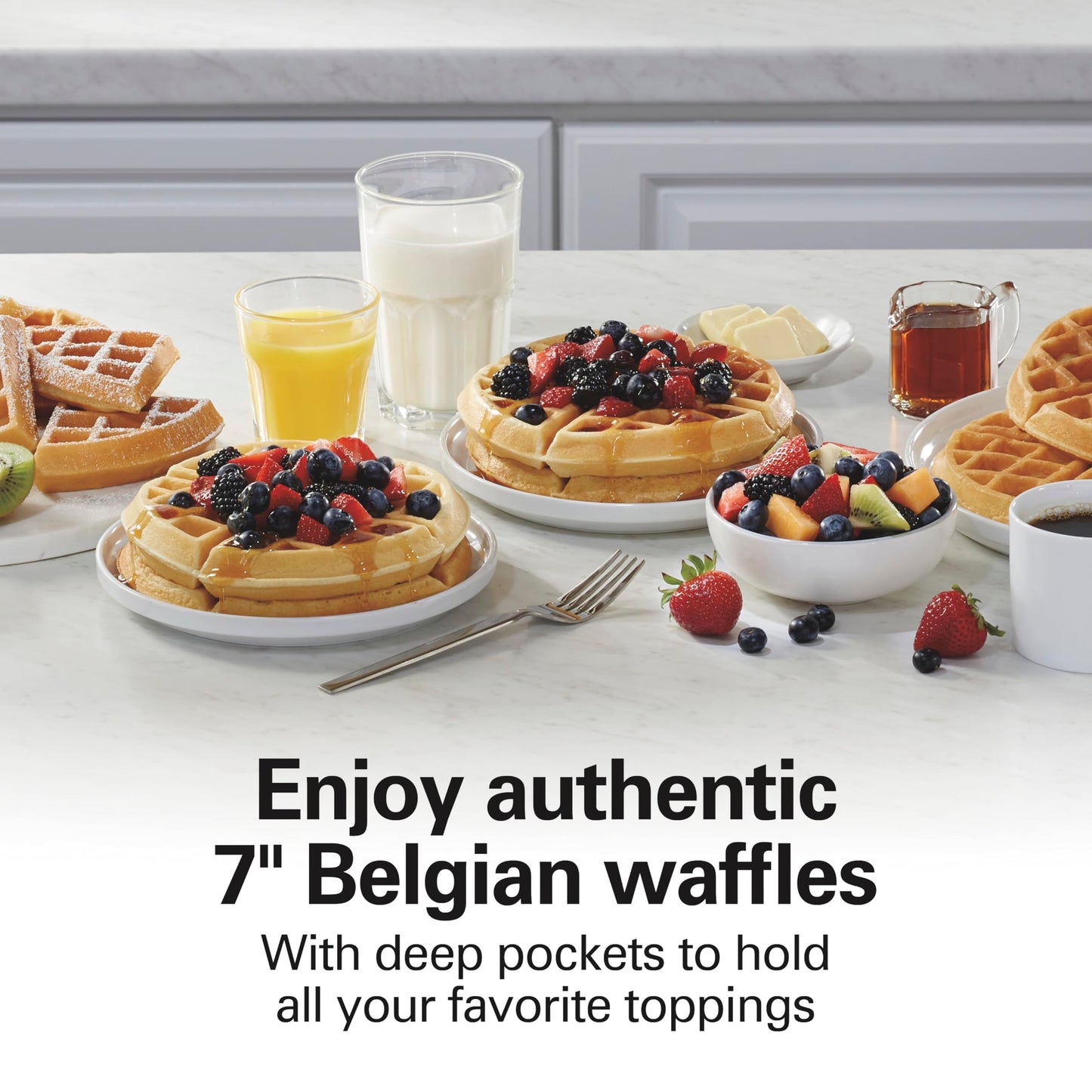Hamilton Beach Belgian Waffle Maker with PFAS-Free Non-Stick Ceramic-Coated Plates, Browning Control, Indicator Lights, Stainless Steel (26081)
