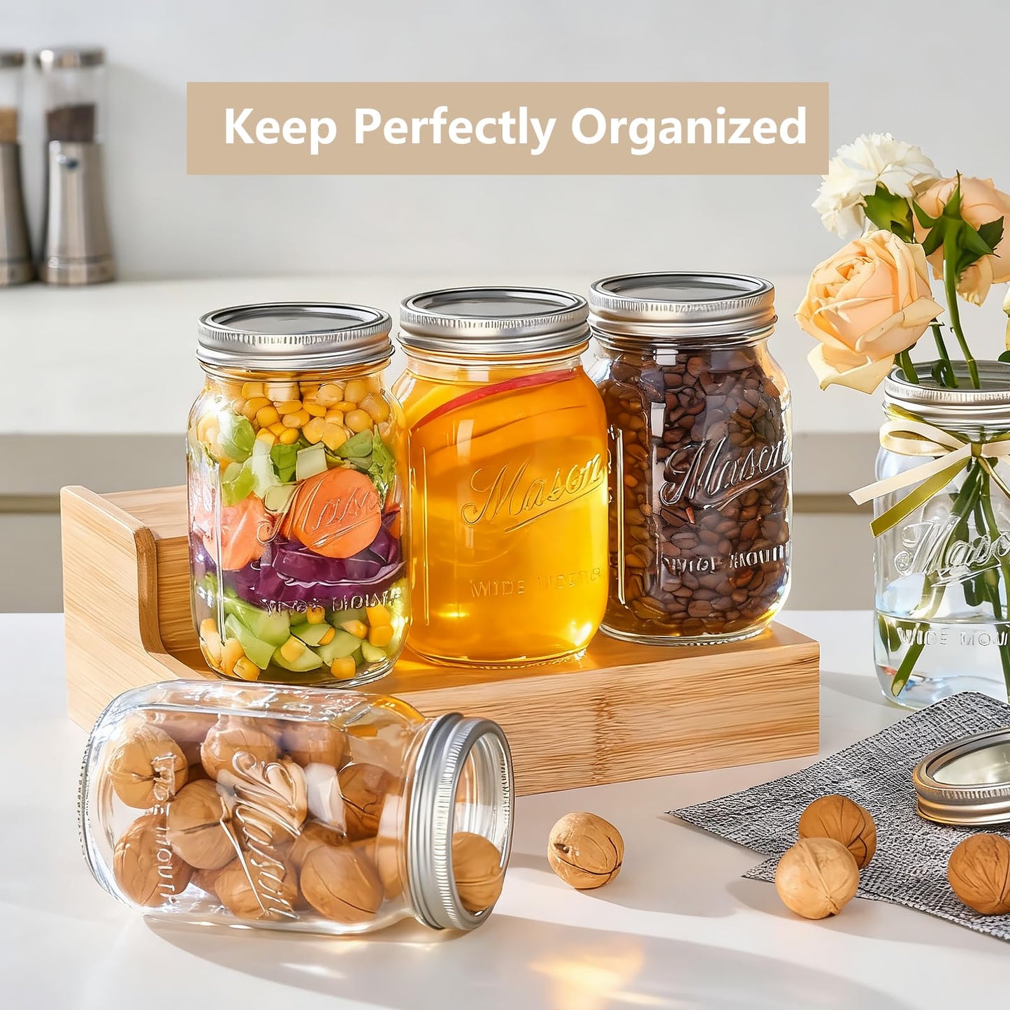 Dralaw Mason Jars 32 oz,6 Pack Large Wide Mouth Mason Jar with Airtight Lids and Bands|Quart Glass Canning Jars for Pickling, Fermenting and Food Storage Microwave&Dishwasher Safe