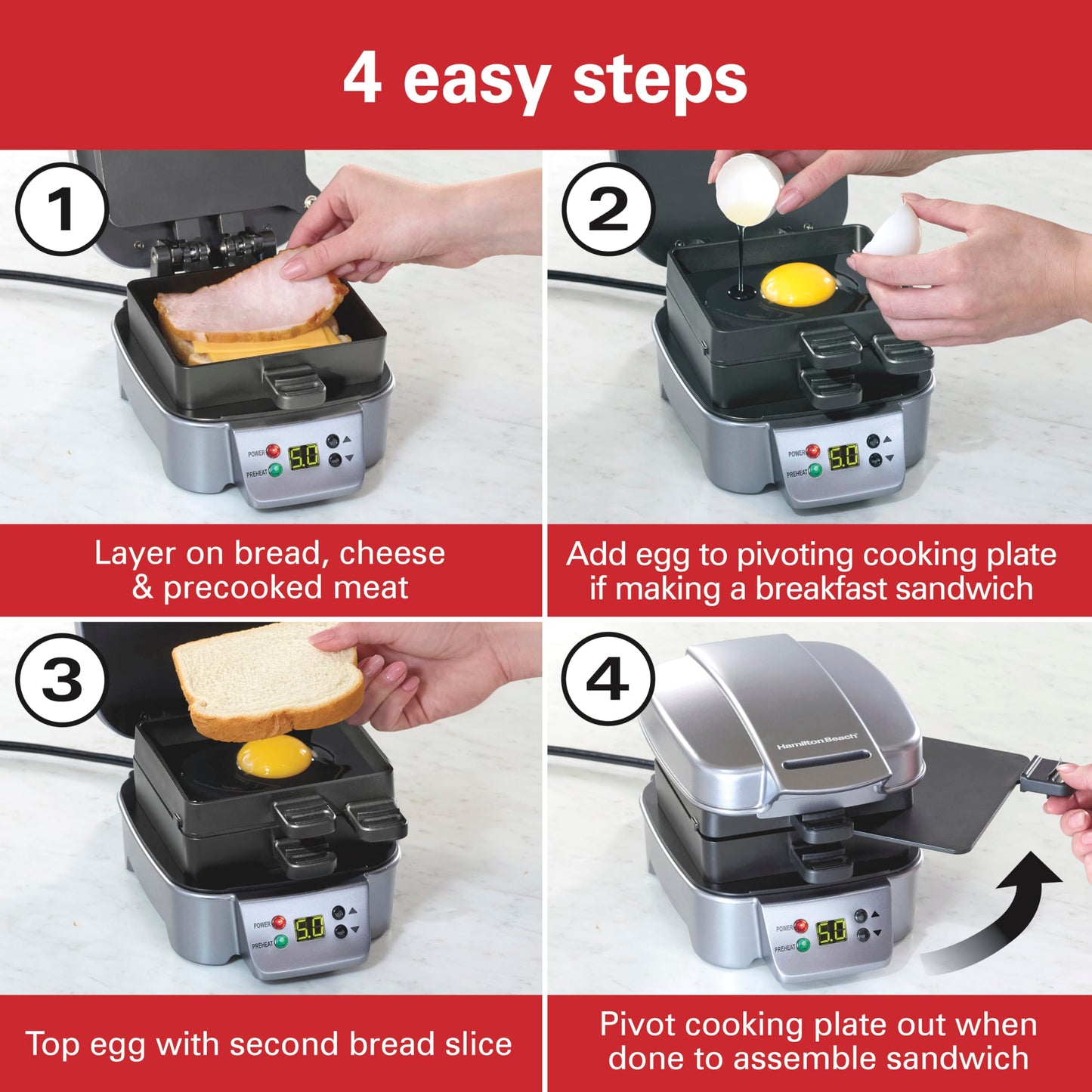 Hamilton Beach Sandwich Stacker Customizable Hot Sandwich Maker, 24 Sq. In. Non-Stick PFAS-Free Cooking Surfaces, Built-In Timer, Compact, Dishwasher-Safe, Silver (25471)