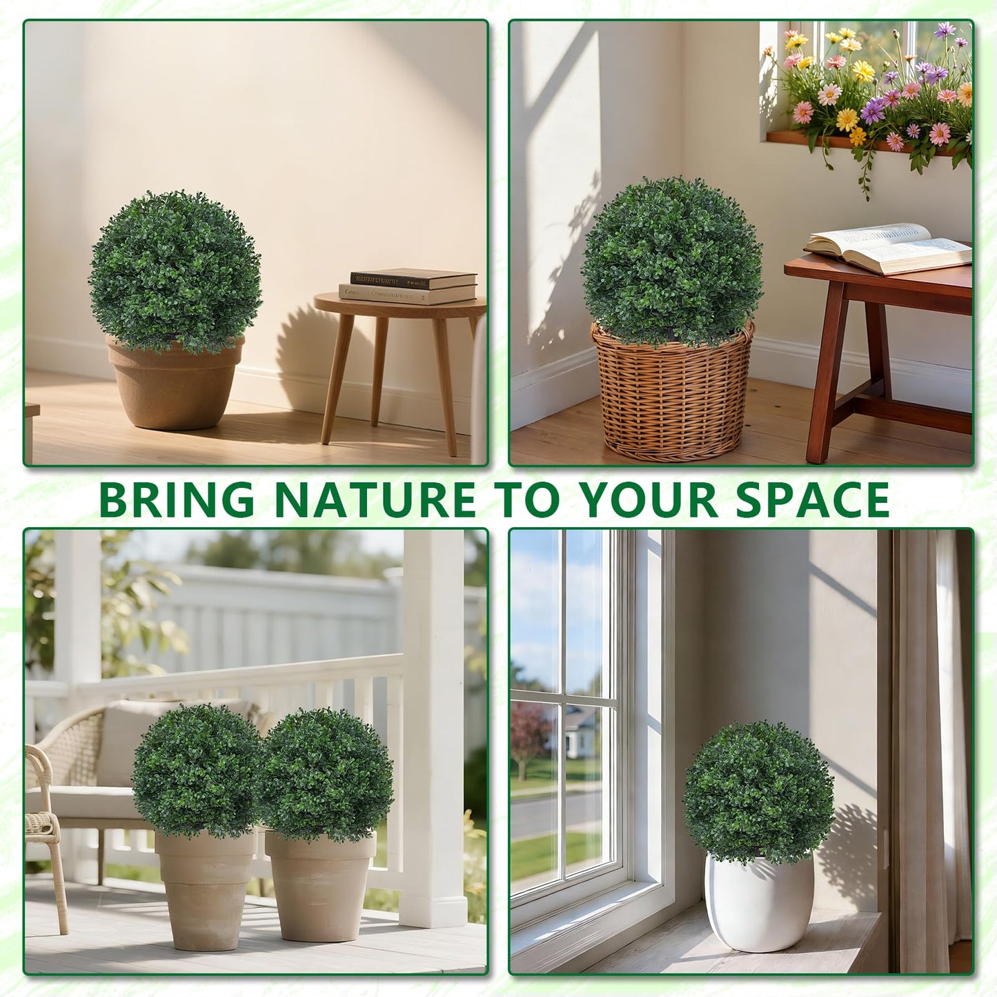 Artificial Boxwood Topiary Trees with Ground Spike,2 Pieces Fake Pine Shrubs Bushes, UV Resistant Faux Evergreen Cypress Tree Plants for Indoor Outdoor Planters Front Porch