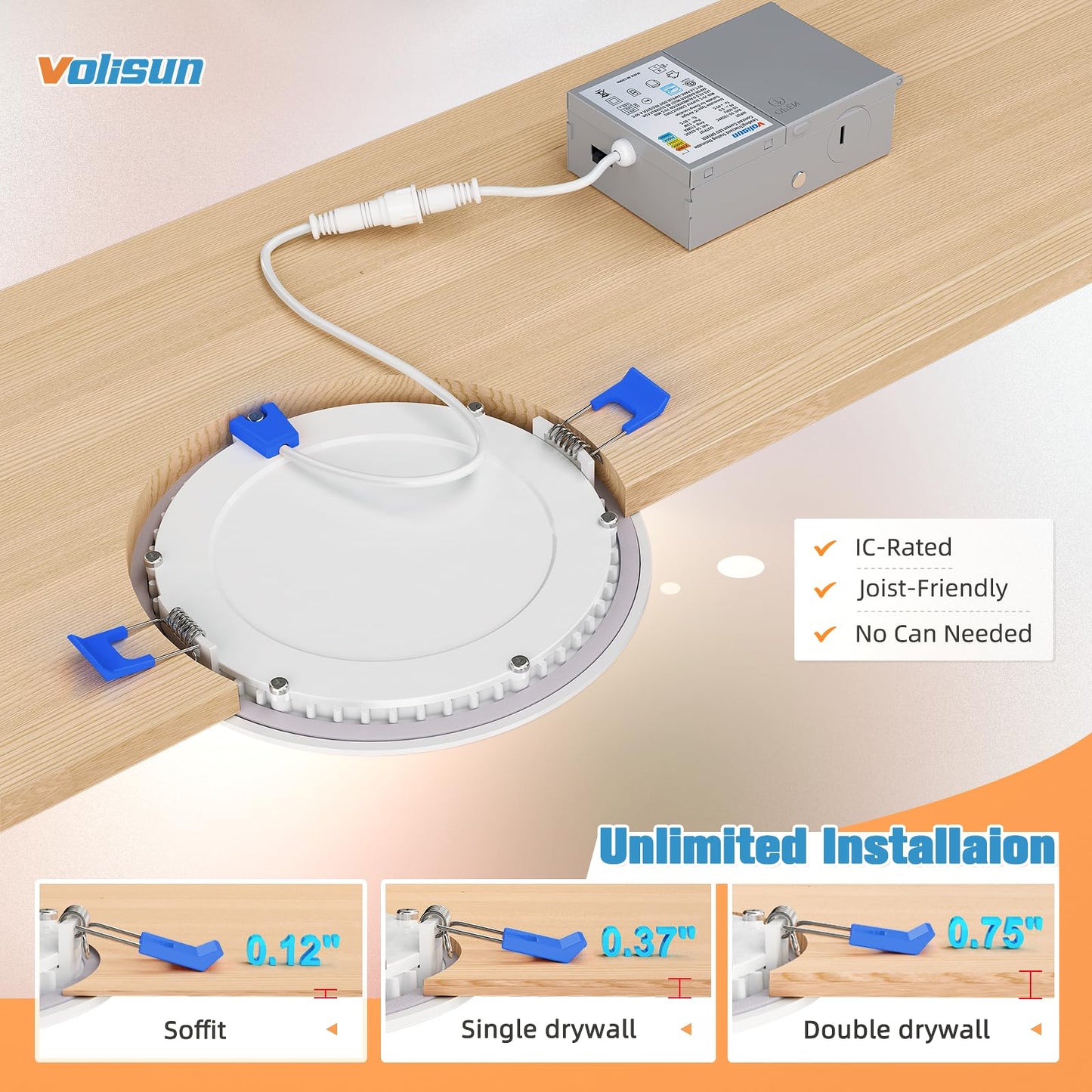 VOLISUN 8 Pack 6 inch Recessed Lighting, 5CCT LED Recessed Light with Junction Box, 2700K-5000K Selectable, 13W Eqv 120W, 1080LM Dimmable Canless Wafer Downlight, LED Ceiling Light ETL Certificated