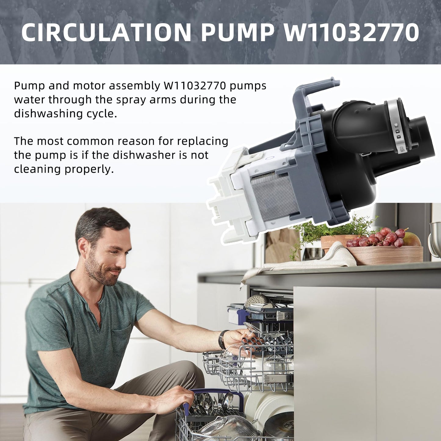 W10529163 W11032770 Circulation Pump W10885542 Dishwasher Pump and Motor Assembly Compatible with Whirlpool Kenmore Kitchen.aid Dishwashers by AMI PARTS