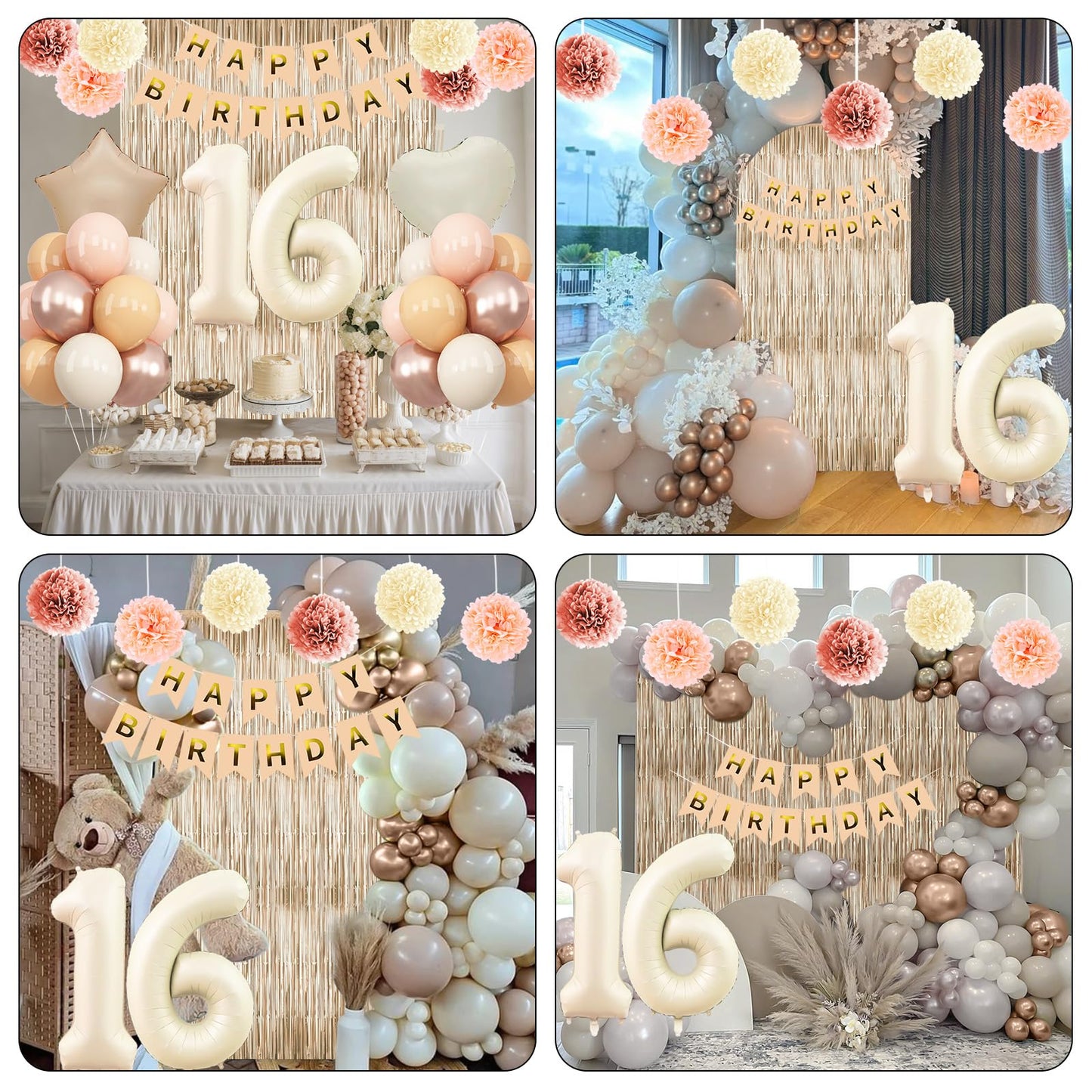 Beige 16th Birthday Decorations Girls Boys Cream Number 16 Balloon Nude Gold Happy Birthday Banner Fringe Curtain Paper Pom Poms Blush White Sand Champagne Star Foil Balloons Neutral Boho Party Decor