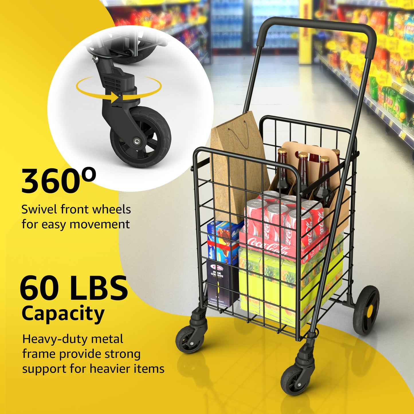 Our Modern Space Shopping Cart & 360° Swivel Wheels | Foldable Collapsible & Lightweight | Perfect for Groceries Laundry Utility Cart - Black