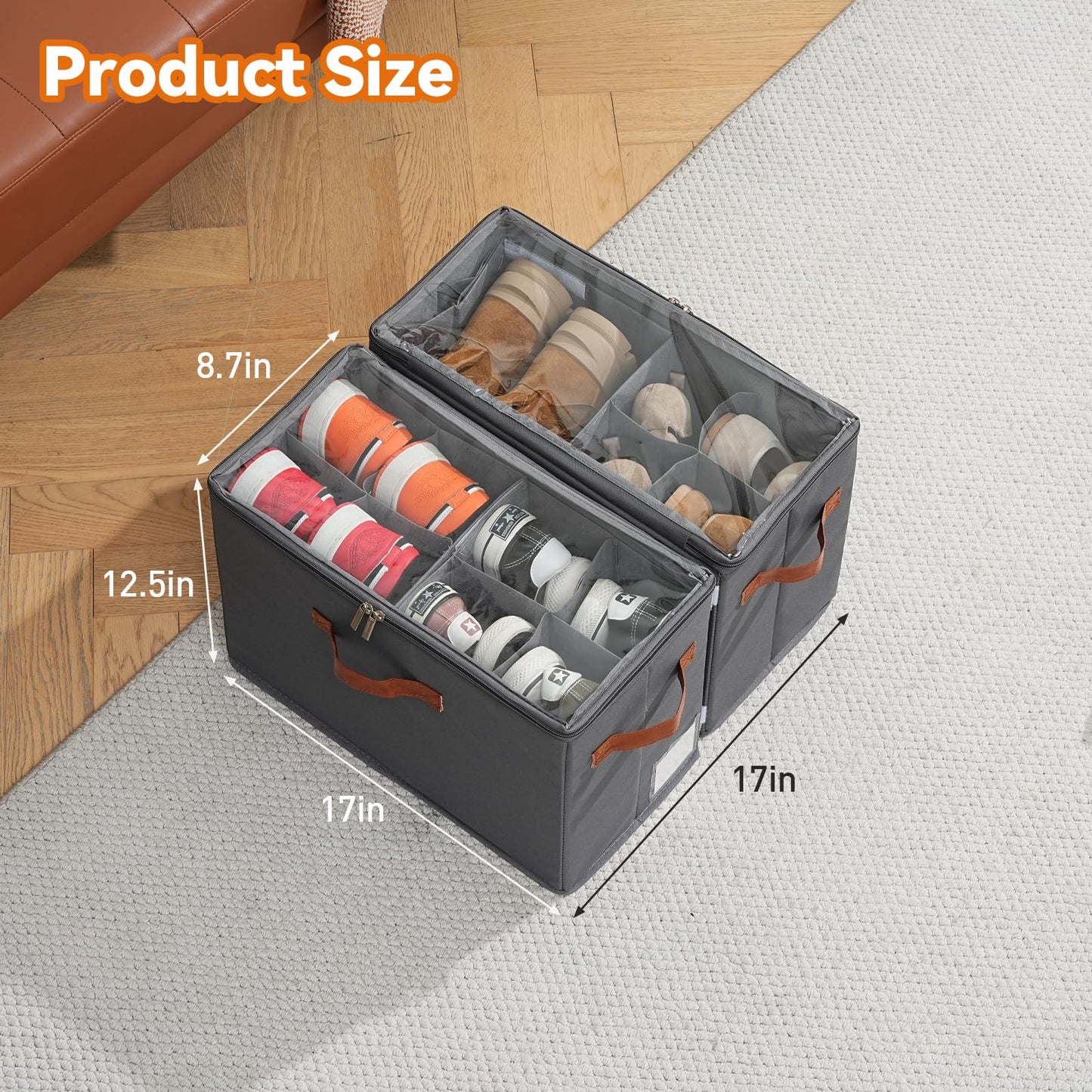 ISusaid 4 Pack Shoe Organizer for Closet, Foldable Shoe Storage Organizer with Adjustable Dividers and Clear Cover, Stackable Fabric Closet Shoe Organizer Storage Box Fits 32 Pairs, Gray