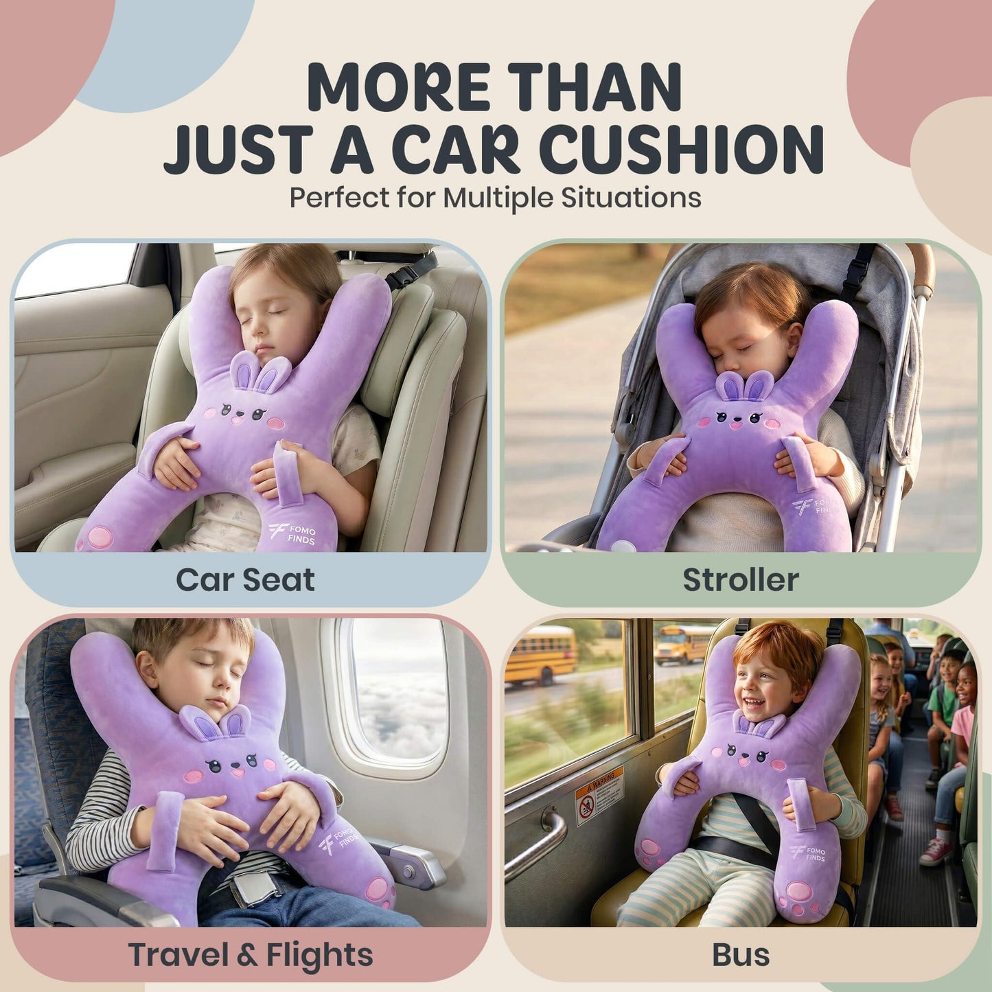 FOMO Finds Kids Car Sleeping Pillow - X-Shaped Plush Animal for Neck & Back Support - Hands & Seat Belt Slot - Machine Washable & Compressible - Perfect for Car, Plane, Train, Boat & More - Purple