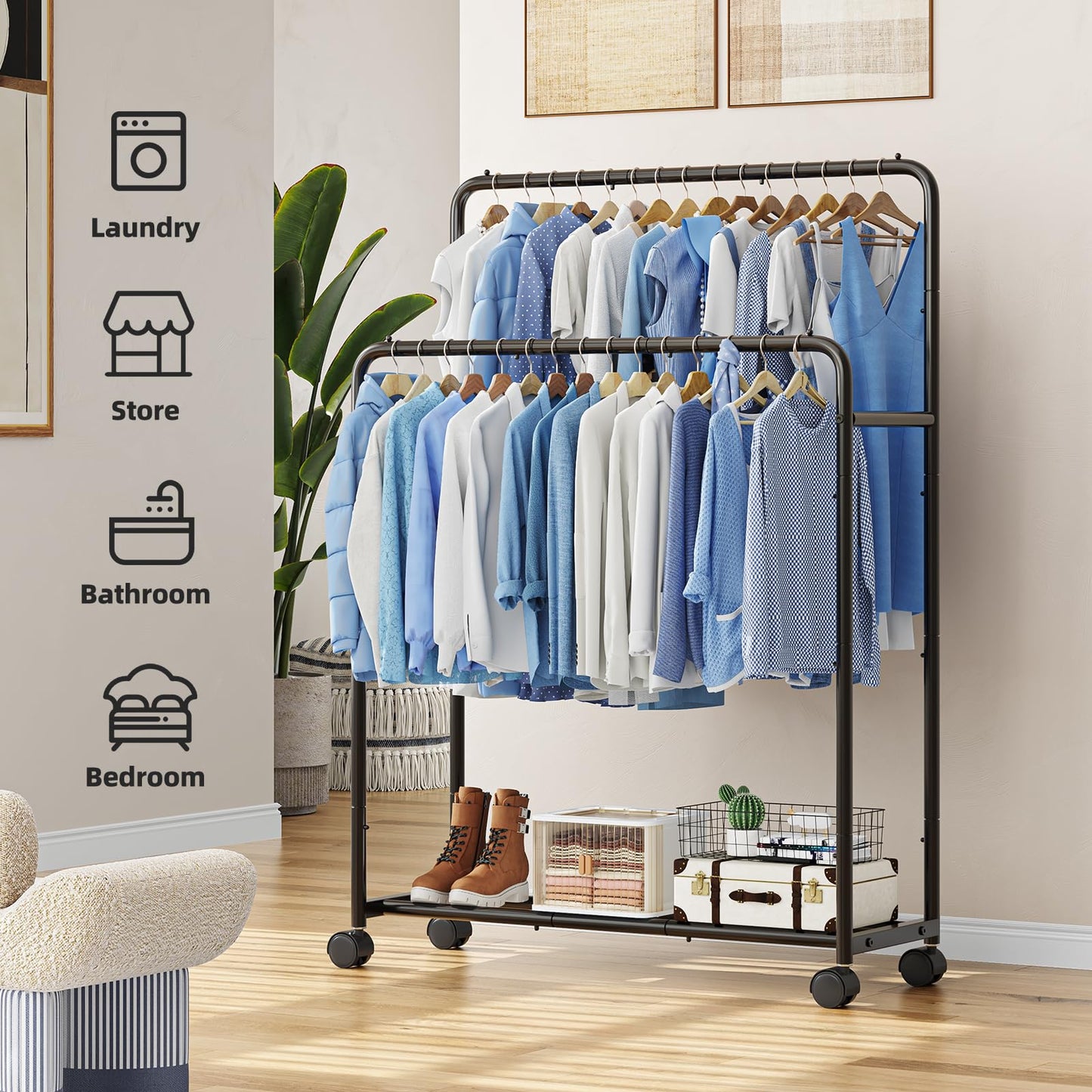 Simple Trending Clothing Clothes Rack Double Rods with Wheels, Rolling Metal Garment Rack for Hanging, Black
