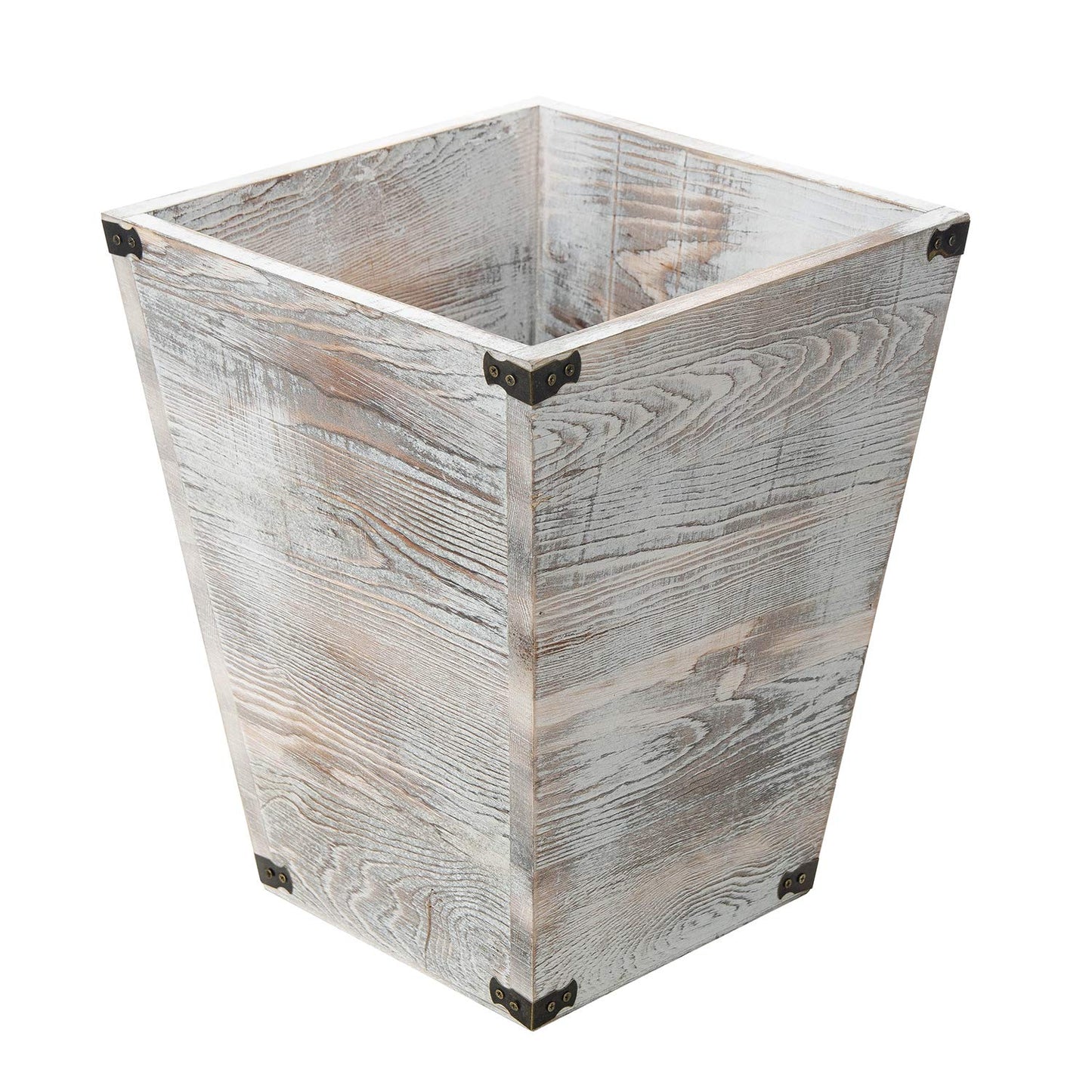 ExoLiry Rustic Whitewashed Torched Wood Square Waste Basket Recycle Bin Trash Can Decorative Metal Brackets Whitewashed Wooden Garbage Container Ash Holder Bedroom Living Room Home Office