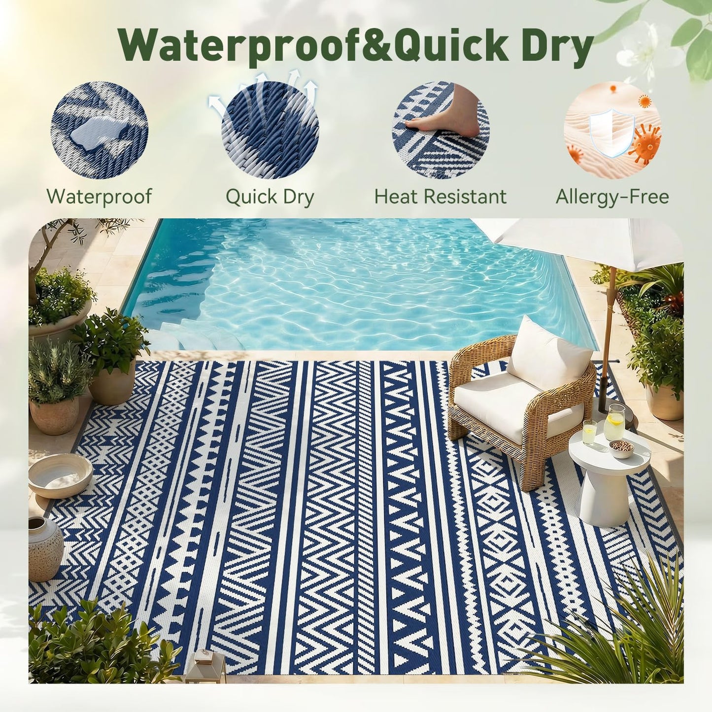 MontVoo-Outdoor Rug Carpet Waterproof 5x8 ft Reversible Patio Rug RV Camping Rug-Plastic Straw Rug Outside Indoor Outdoor Area Rug for Patio Deck Balcony Picnic Beach Outdoor Decor Boho Navy Blue