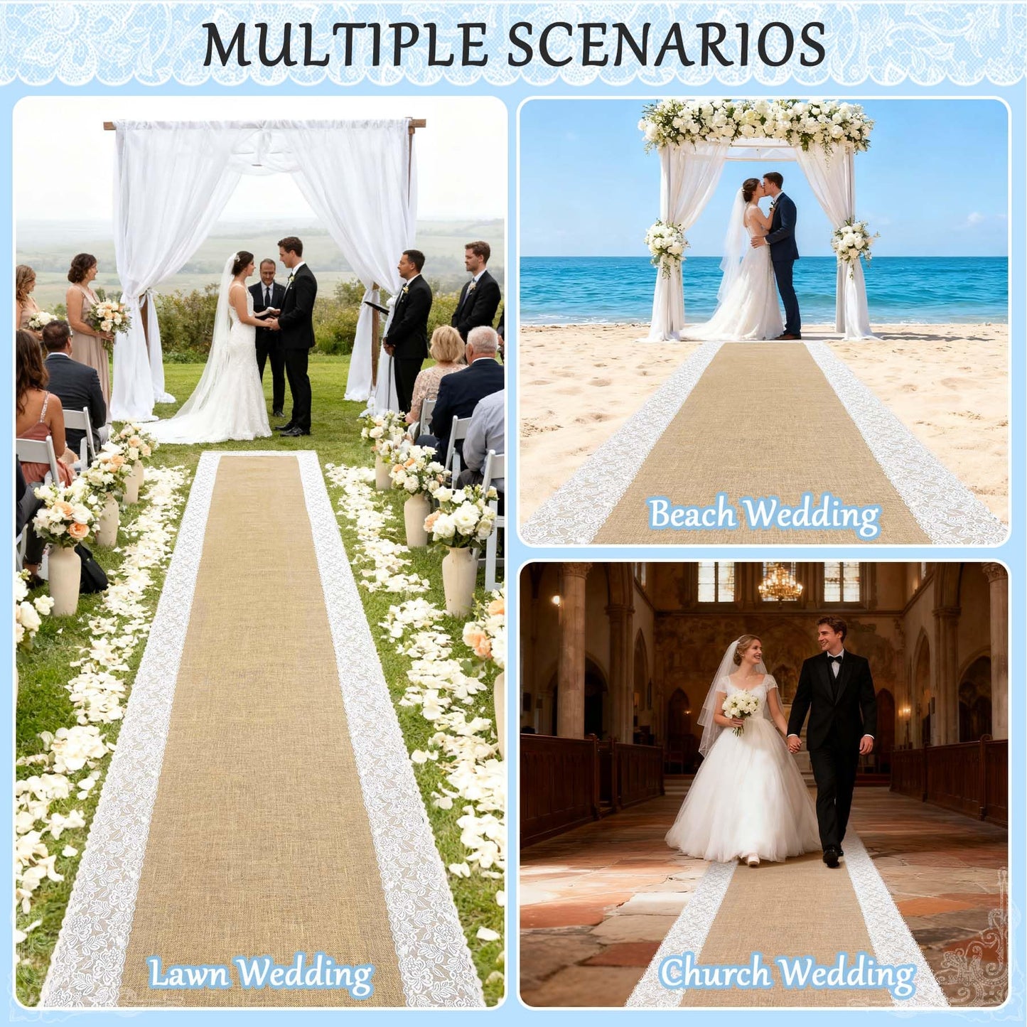 GoldenXin 3ft x 20 ft Wedding Aisle Runner Outdoor for Wedding Ceremony with Lace Jute Rustic Natural Burlap Decorations Beach Garden Church Reception Craft Decor