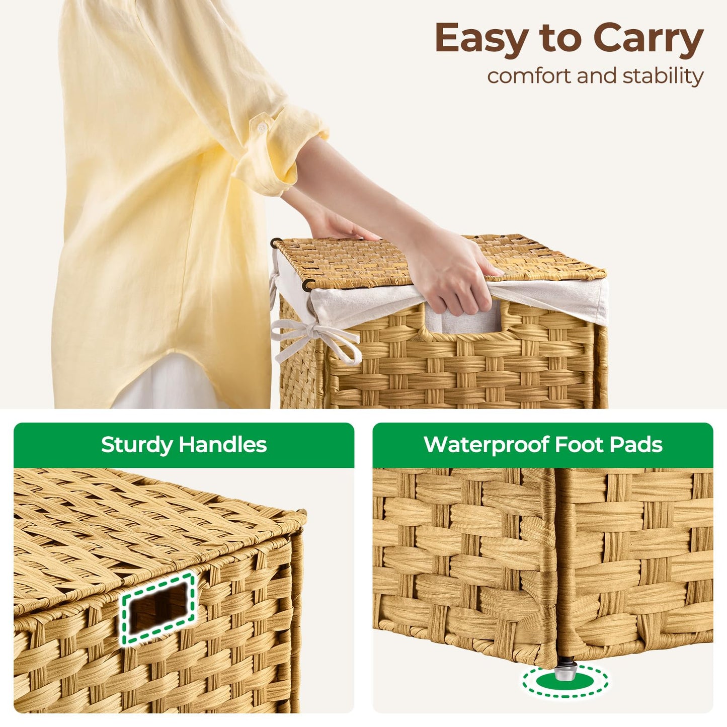 GREENSTELL Storage Basket with Lid, 17.2 Gallon(65L) Small Wicker Blanket Storage Basket with Handles, Foldable, 2 Removable Liner Bags, Metal Frame, for Bedroom, Laundry Room, Natural