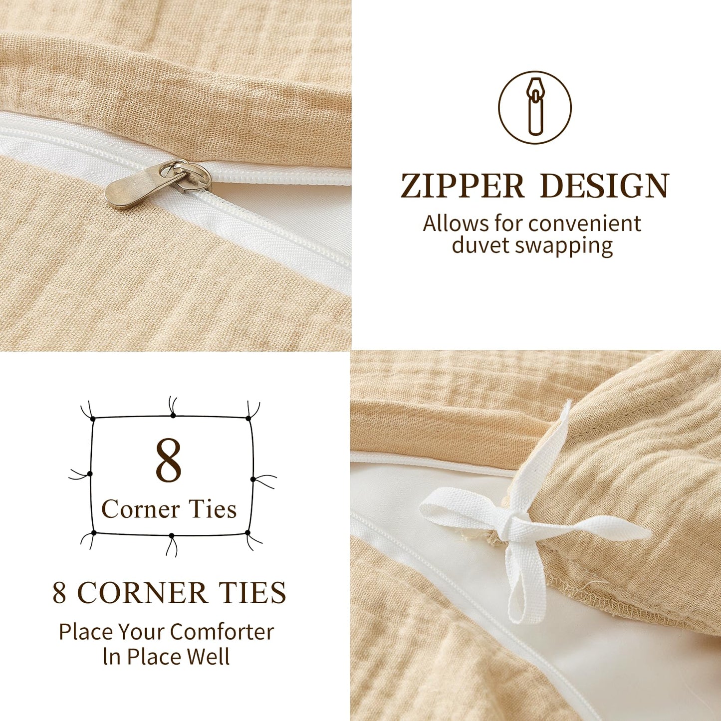 MEISHANG Muslin Duvet Cover Queen Size - 100% Organic Cotton, Soft Textured Gauze Weave Duvet Cover for Breathable All-Season Oeko-Tex Certified - 3 Piece Set (Queen, Linen)