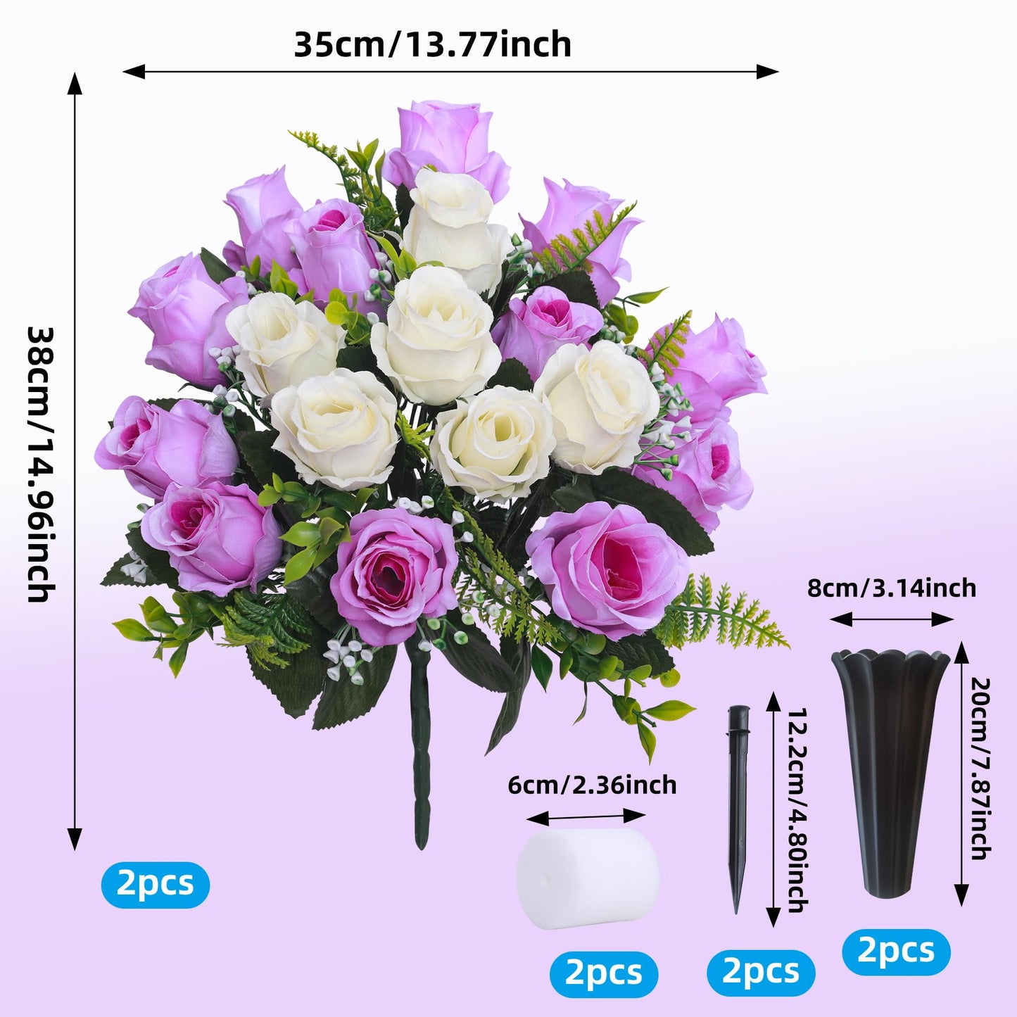 Lodou Set of 2 Artificial Cemetery Flowers, Memorial Flowers Bouquet,Grave Memorial Flowers with Vase for Cemetery Headstones Decoration (Purple White)