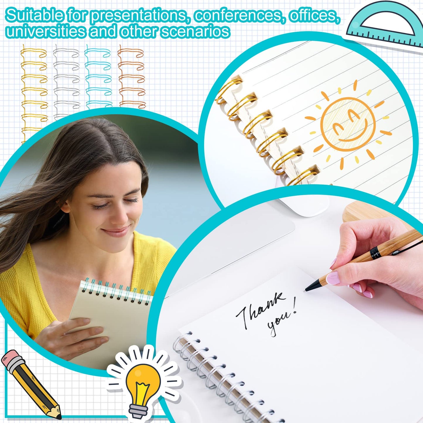 Jeyiour 120 Pcs Twin Loop Cinch Wire Binding Spines Double Loop Wire Binding Rings Combs 7/16 1/2 9/16 5/8 3/4 Diameter Spiral Binding Coils for Teacher Student Notebook Making, 4 Colors