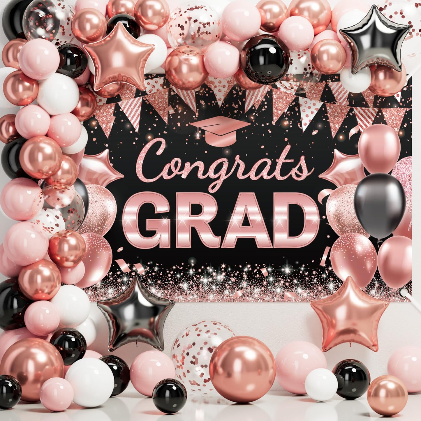 Ecomore 2026 Graduation Decorations - 245 PCS Grad Disposable Dinnerware(Serve 25) & Graduation Party Supplies With Congrats Paper Plate Cup Napkin Tablecloth Backdrop Balloon - Black Pink Rose Gold