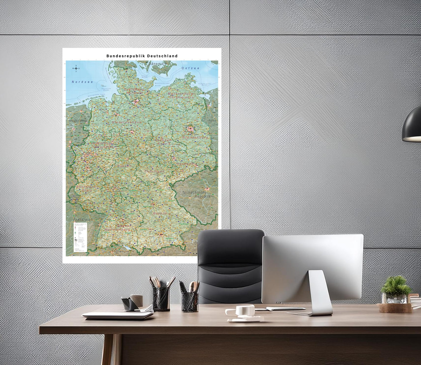 Large map of Germany with full lamination (wall map) 39.4 x 55.1 inches, German states and counties, highways, airports