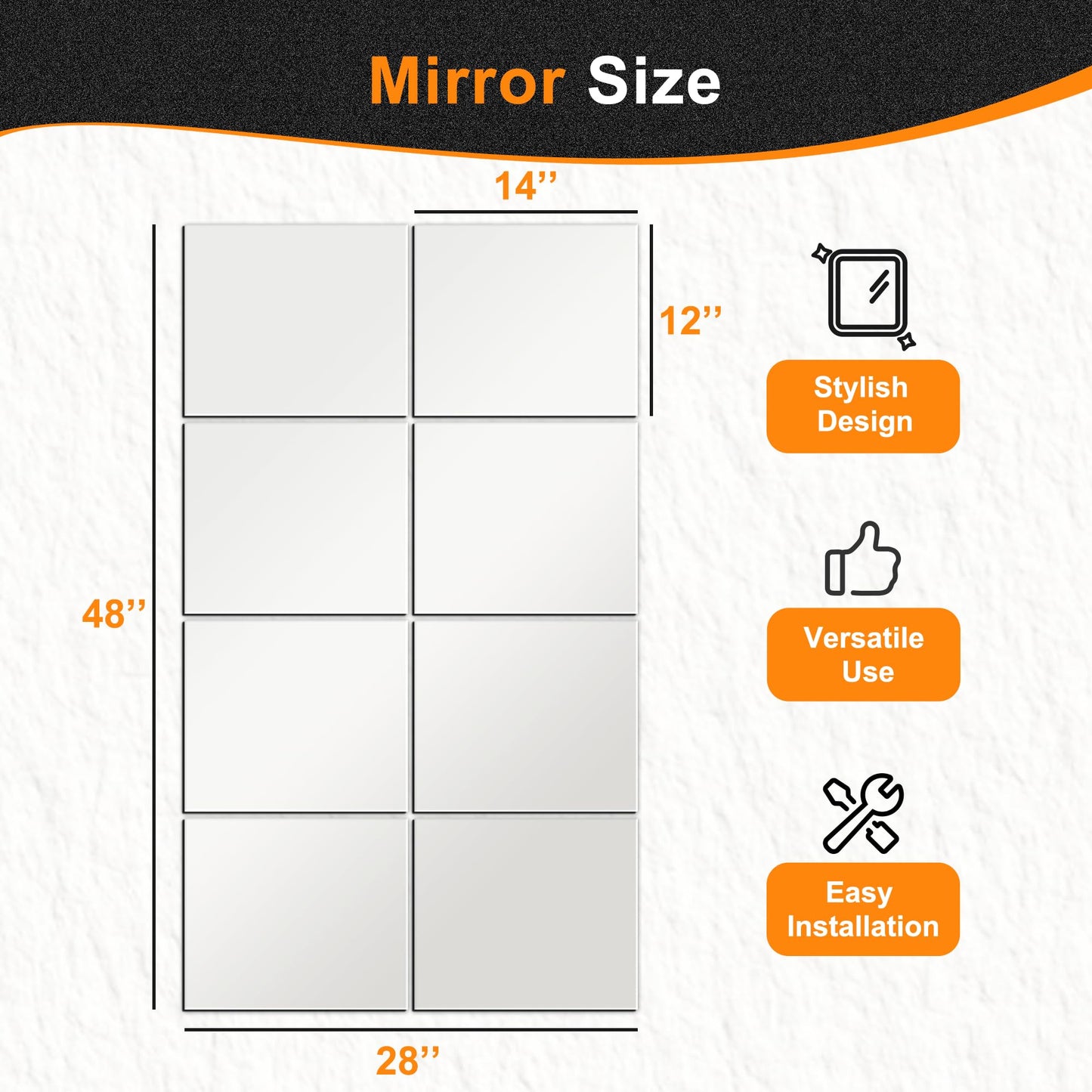 Delma Frameless Mirror Tiles 14"x12"x8 Pcs Wall Mounted, Shatter Resistant Full Length Tempered Glass Panels for Home Gym Bathroom Bedroom & Living Room Decor