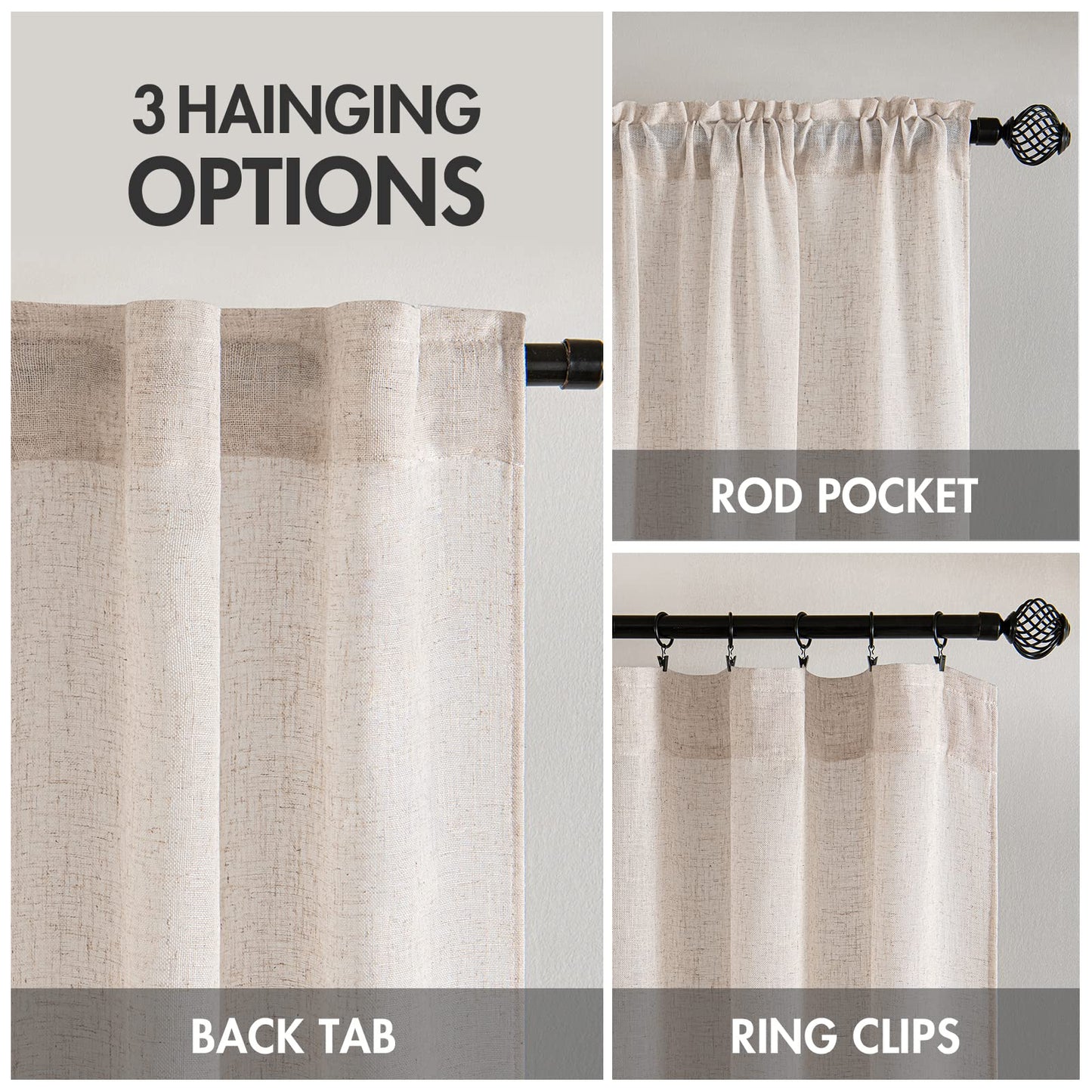 MIULEE Natural White Linen Curtains 96 Inch Long 2 Panels for Bedroom Living Room, Soft Thick Linen Textured Window Drapes Semi Sheer Light Filtering Rod Pocket Back Tab Neutral Farmhouse Cream Ivory