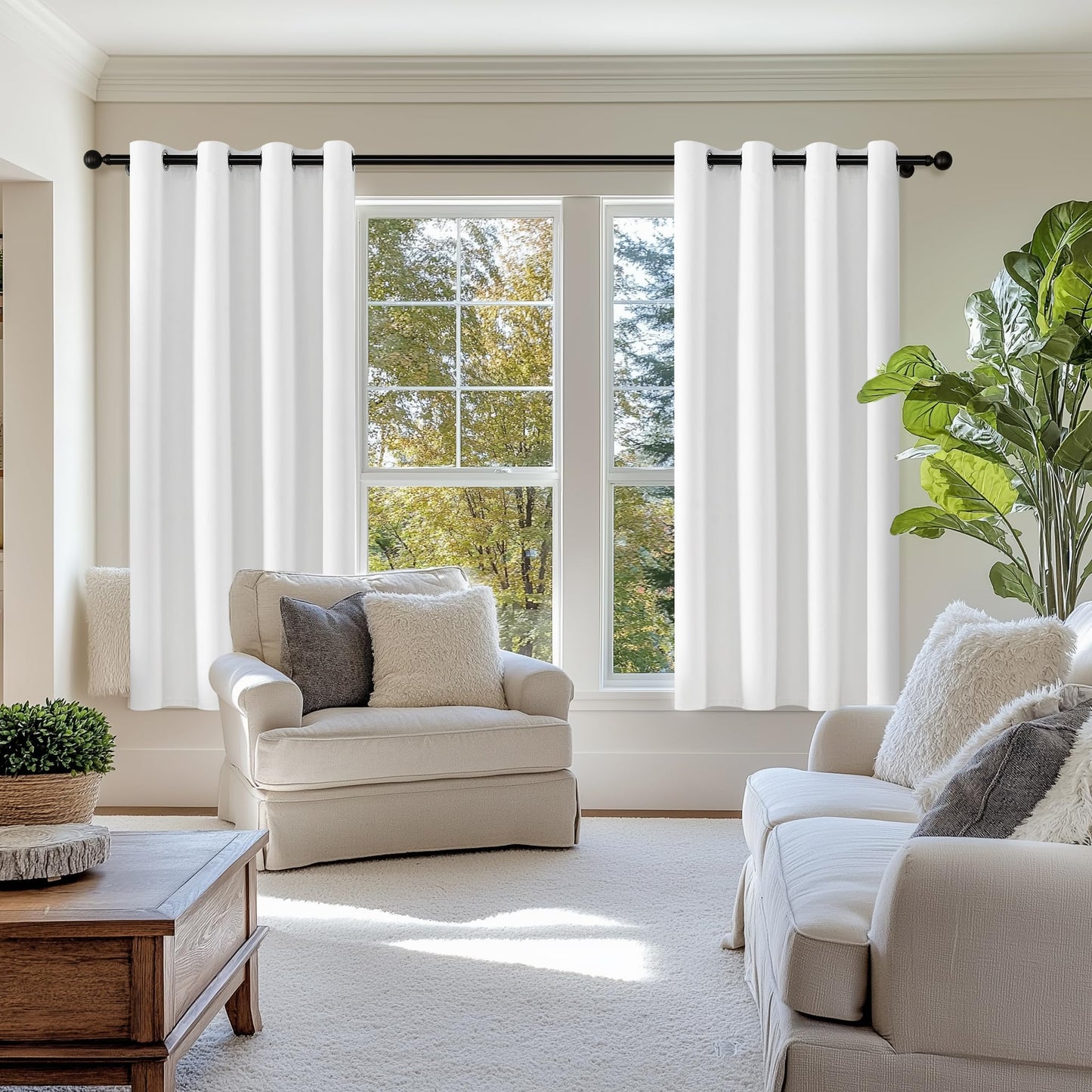 ChrisDowa 100% Blackout Pure White Solid Curtains 63 Inches Long 2 Panels for Bedroom Living Room,Farmhouse Room Darkening Thermal Insulated Soundproof Grommet Top Window Treatment Drapes,52x63