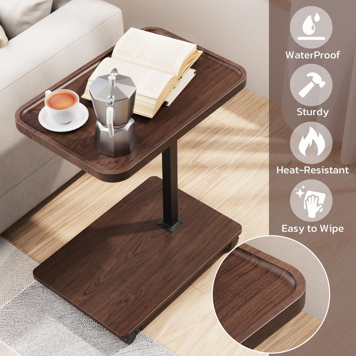 Large Size C Table End Table, Adjustable Height 360°Swivel TV Tray Table for Small Spaces, Couch Tables that Slide Under, C Shaped Side Tables for Couch,TV Dinner, Living Room and Bedroom (Walnut)
