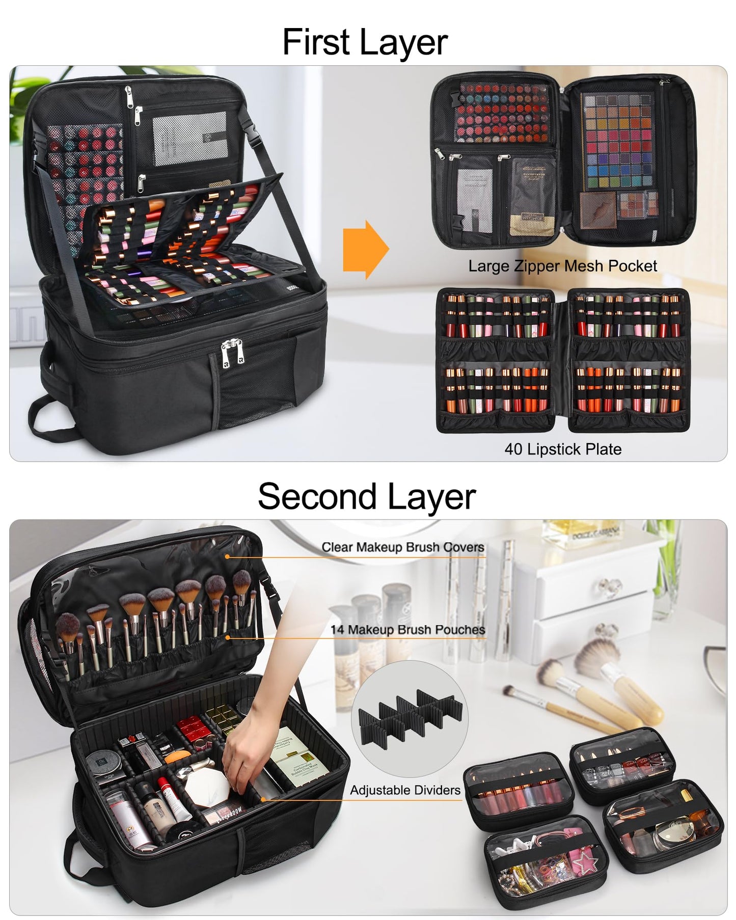Makeup Backpack Makeup Artist Bag Professional Extra Large Cosmetic Bags Travel Train Case Storage Organizer Double-Layer Cosmetic Case with 4 Pouch and Brush Organizer (Black, two piece)