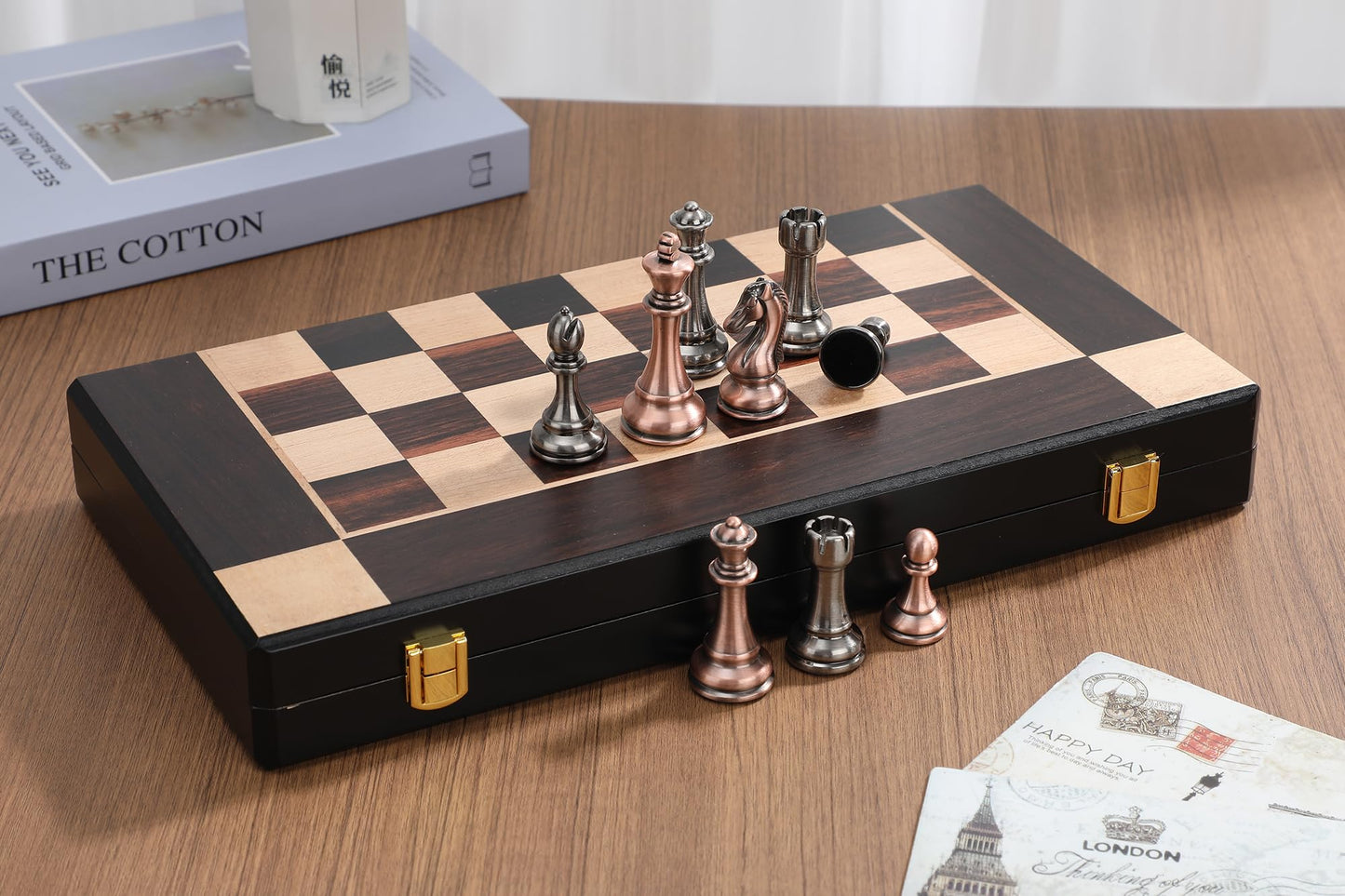 15-Inch Large Metal Chess Set for Adults and Kids with Metal Chess Pieces – Foldable Wooden Board with Storage, Portable Classic Game Set for Travel & Home, Elegant Gift for Chess Enthusiasts