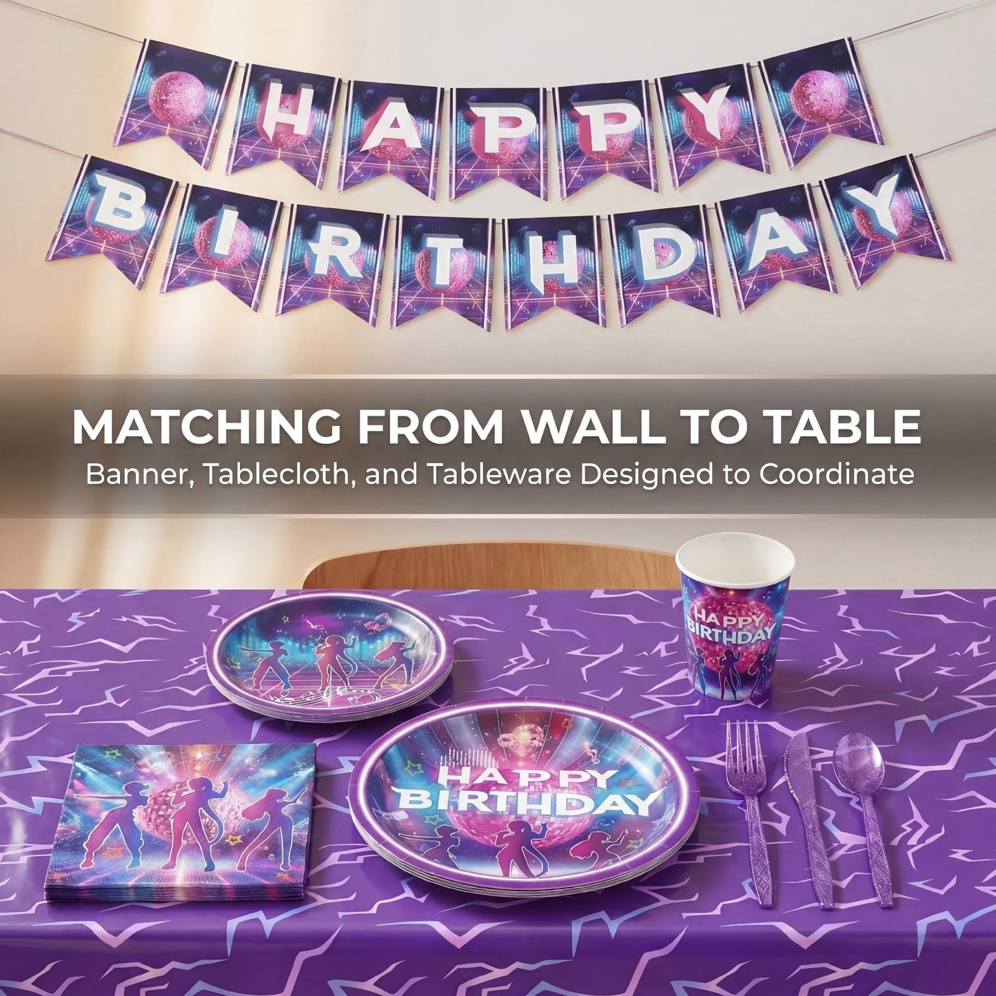 170 Pcs Birthday Party Supplies for 24 Guests, KPop Inspired Disco Dance Music Theme Party Decorations with Banner, Plates, Napkins, Cups, Tablecloth & Cutlery