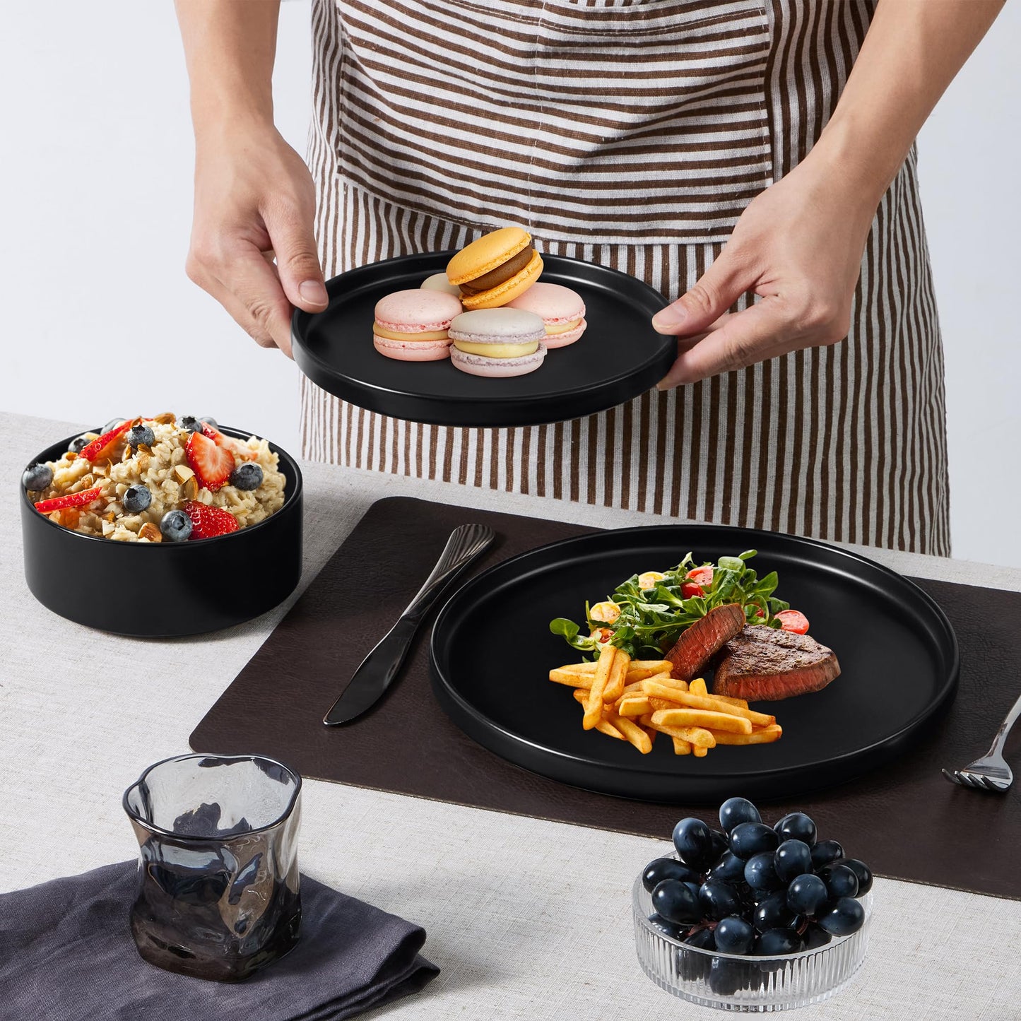E-far Stoneware Dinnerware Sets, 12-Piece Plates and Bowls Dish Set for 4, Kitchen Modern Dinning Ware, Chip and Scratch Resistant, Microwave & Dishwasher Safe, Matte Black