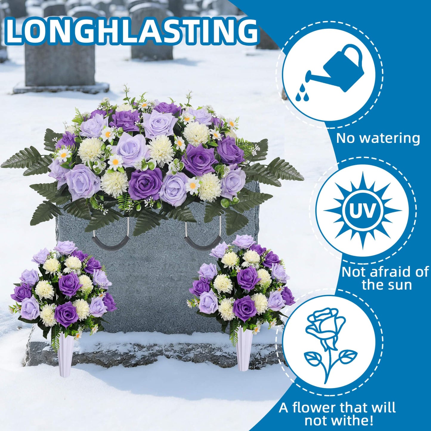 Lodou 3Pack Cemetery Decorations for Grave Large Headstone Flower Saddle Artificial Rose Bouquets with Vases for Outdoor Grave Headstone Decorations(Purple)
