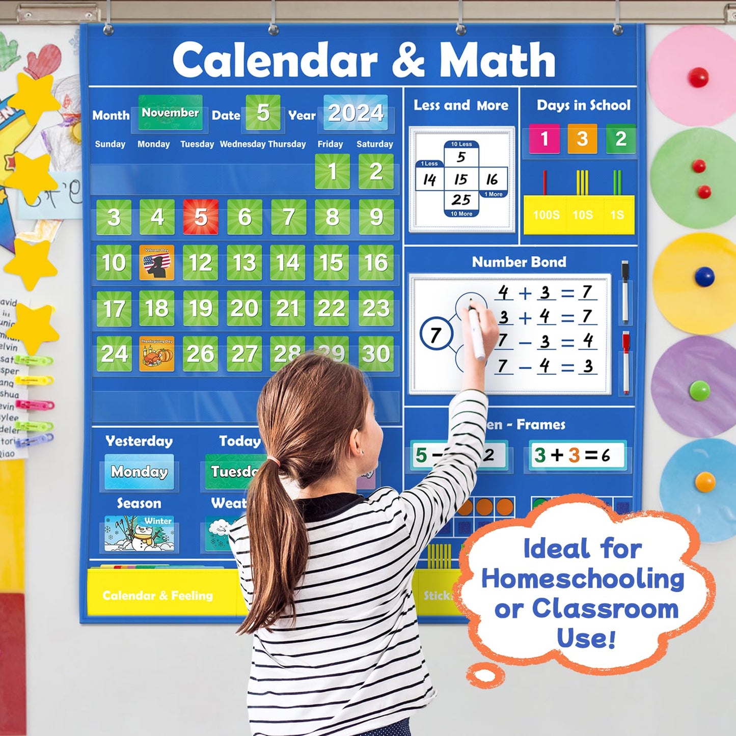 SkilLify Circle Time Calendar Pocket Chart for Classroom, Kids Learning Center with Weather Seasons Emotions & Math Activities, Addition Subtraction Manipulatives, Preschool Homeschool Supplies