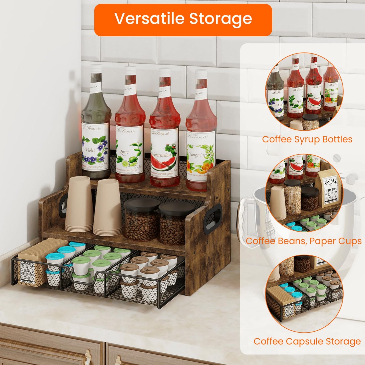 Homode Coffee Syrup Rack Organizer, 3-Tier 8 Bottles Syrup Holder Stand with 35 K Cup Storage Basket Drawer for Coffee Bar, Wood Liquor Shelf Wine Rack Countertop for Home, Rustic Brown