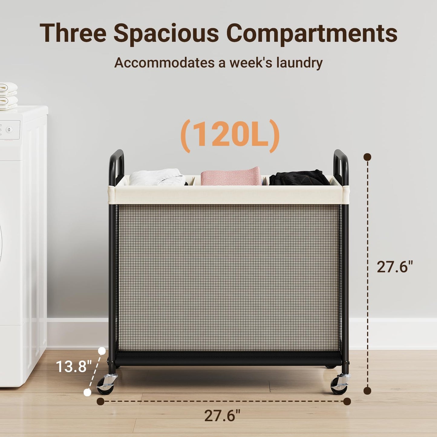 ELYKEN Laundry Hamper 3 Section, 120L Rolling Laundry Sorter with Removable Liner Bag, Laundry Basket with Wheels, Steel Frame with Metal Handle, Clothes Hamper Cart for Laundry Room & Bedroom