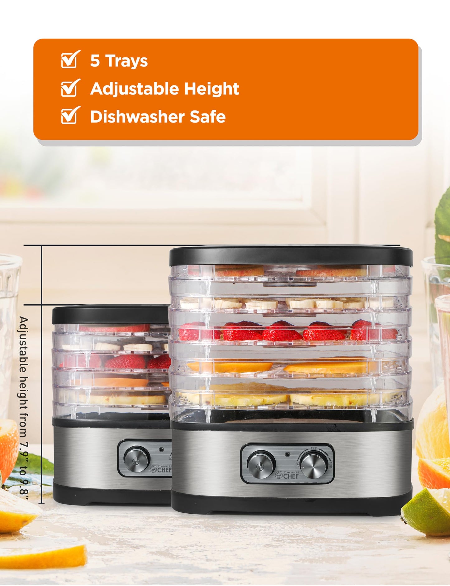 COMMERCIAL CHEF Food Dehydrator, 5 BPA-Free 10” x 9.25” Adjustable Height Trays, Stainless Dehydration Machine for Beef Jerky, Dehydrated Vegetables, Fruits and More, CHD200S, Black/Stainless Look