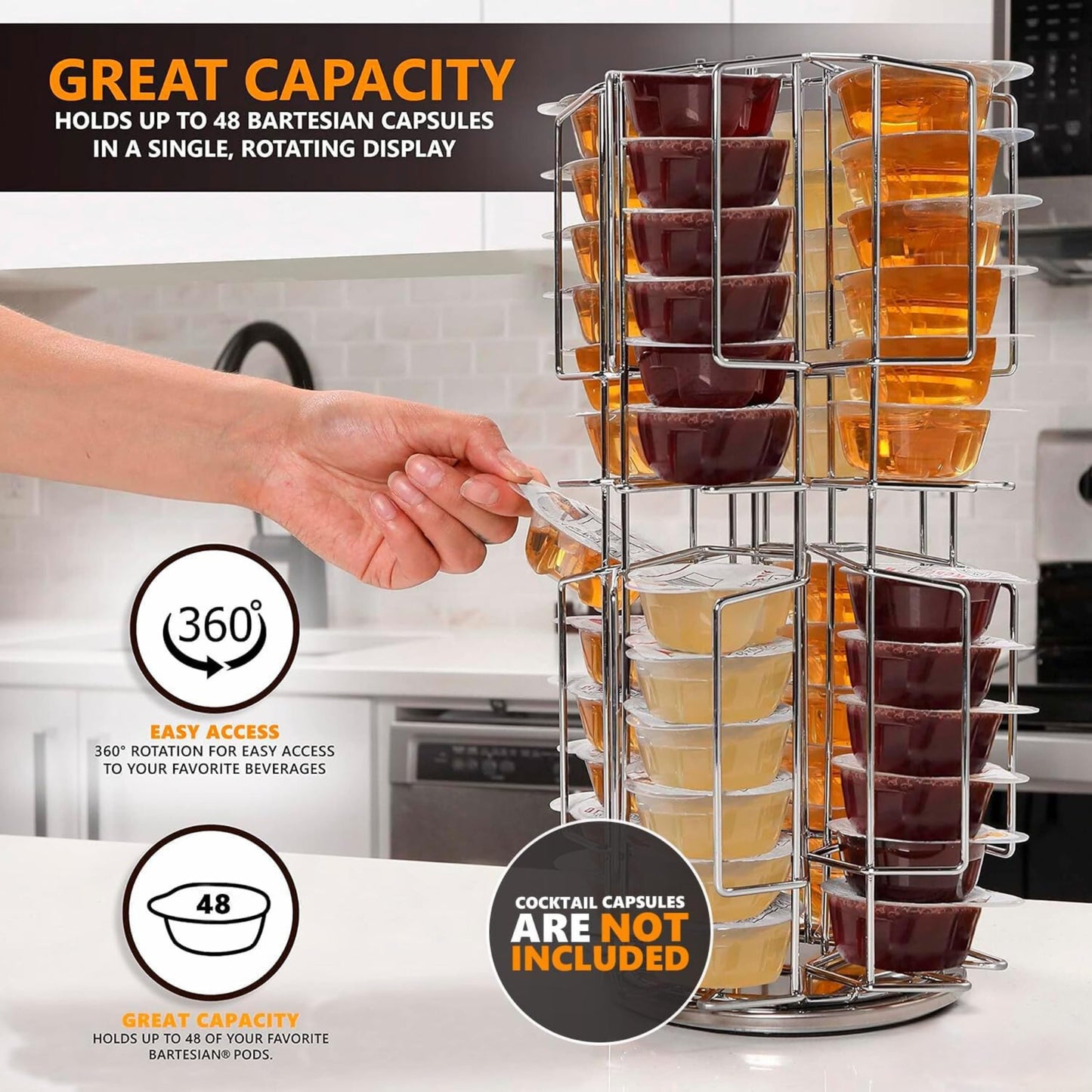 Ksestor Bartesian Capsule Holder - 48 Pod Rotating Storage Carousel, 360 Degree Chrome Tower Stand for Bartesian Cocktail Maker,Countertop Pod Organizer
