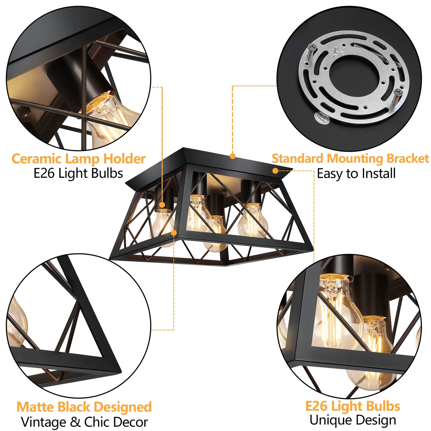 FadimiKoo 4-Light Black Flush Mount Ceiling Light for Kitchen Hallway, Industrial Close to Ceiling Lighting, Farmhouse Square Cage Lamp for Dining Room, Living Room, Bulb Not Included