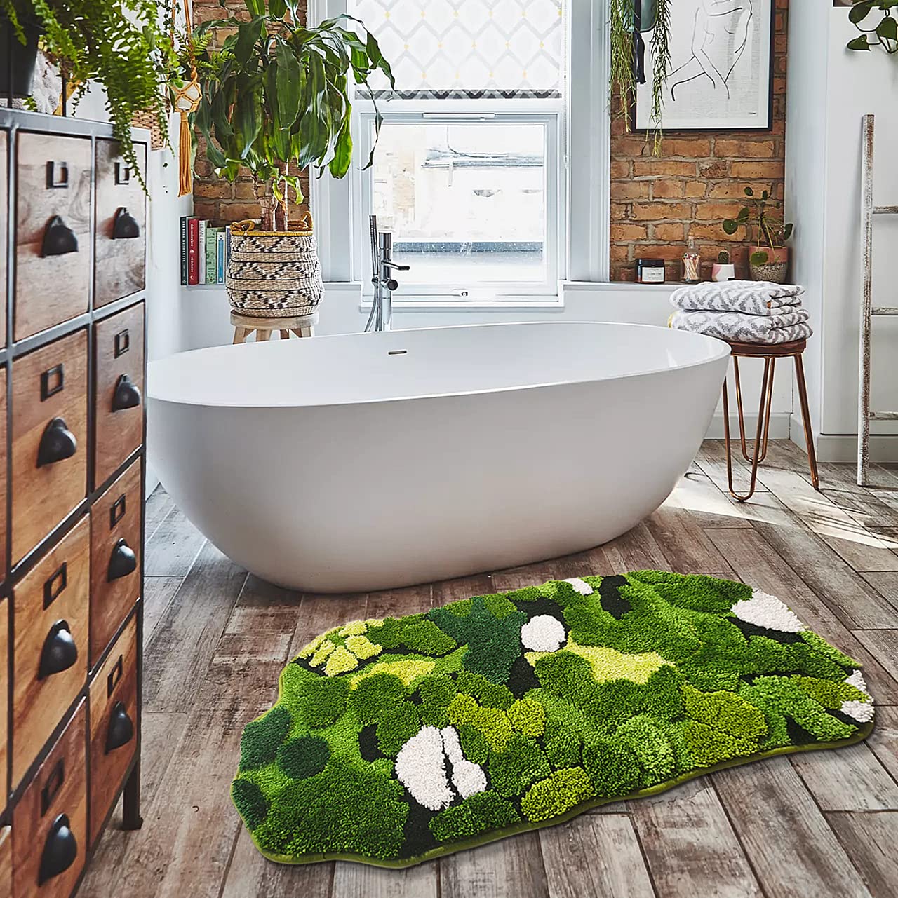 Hifuwan Cute Green Moss Bathroom Runner Rug Long Rectangular Boho Aesthetic Leaf Leaves Bath Mat Shaggy Non Slip Absorbent Shower Mat Decor