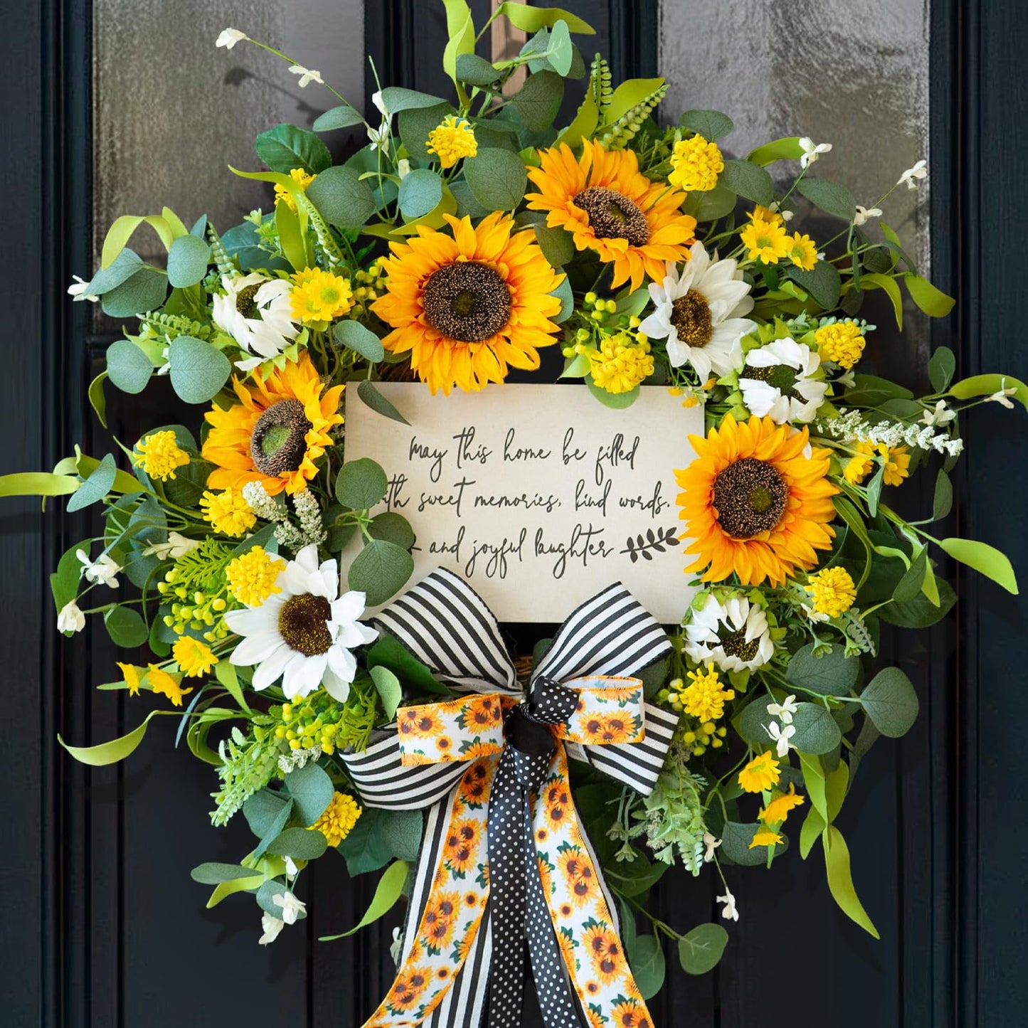 CHvista Spring Wreaths for Front Door 24 Inch Handmade Spring Summer Wreath with Artificial Sunflowers,Welcome Message Sign & Elegant Bow and White Yellow Daisy Wildflowers for Home,Porch&Gift Giving