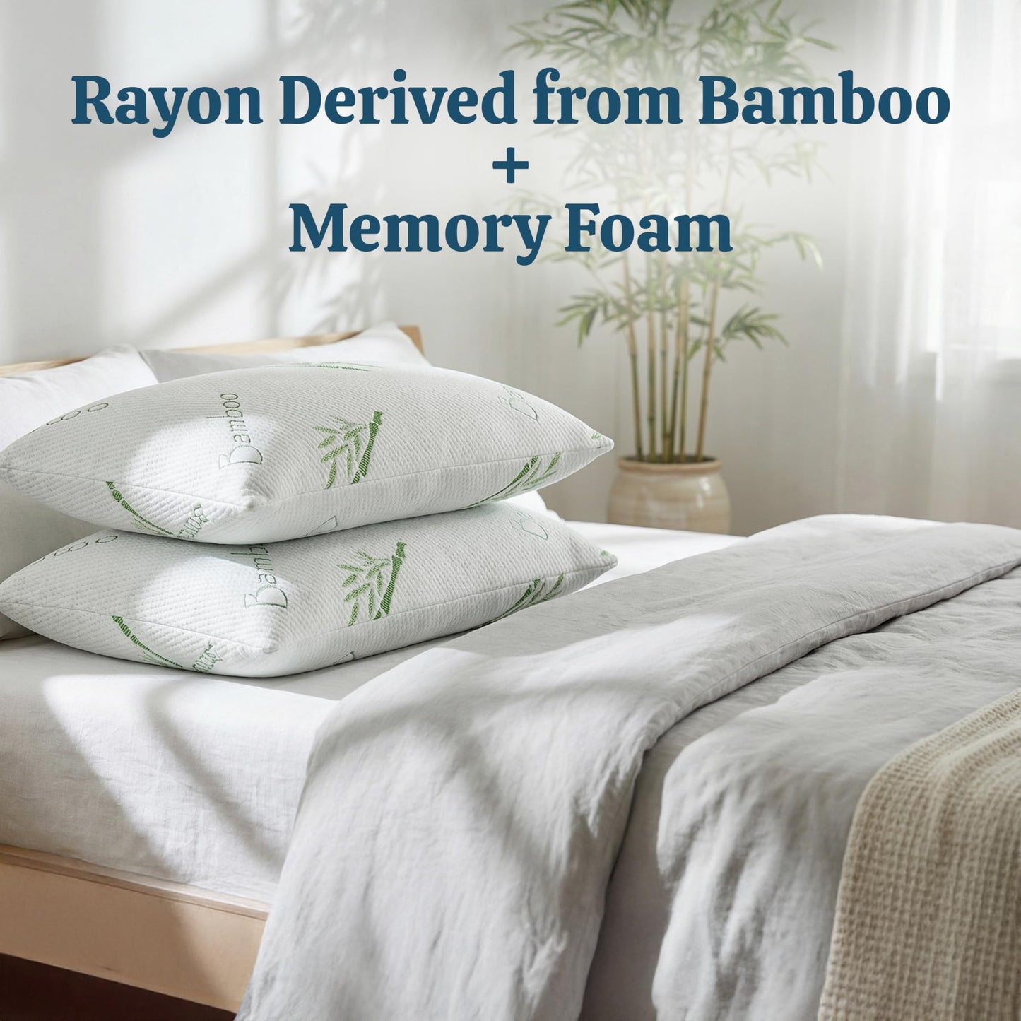 OMEO 2 Pack Standard Size Rayon Derived from Bamboo Pillow for Sleeping Shredded Memory Foam Bed Pillows for Side, Back and Stomach Sleepers, Soft, Cooling, Adjustable and Washable Cover 20" x 26"
