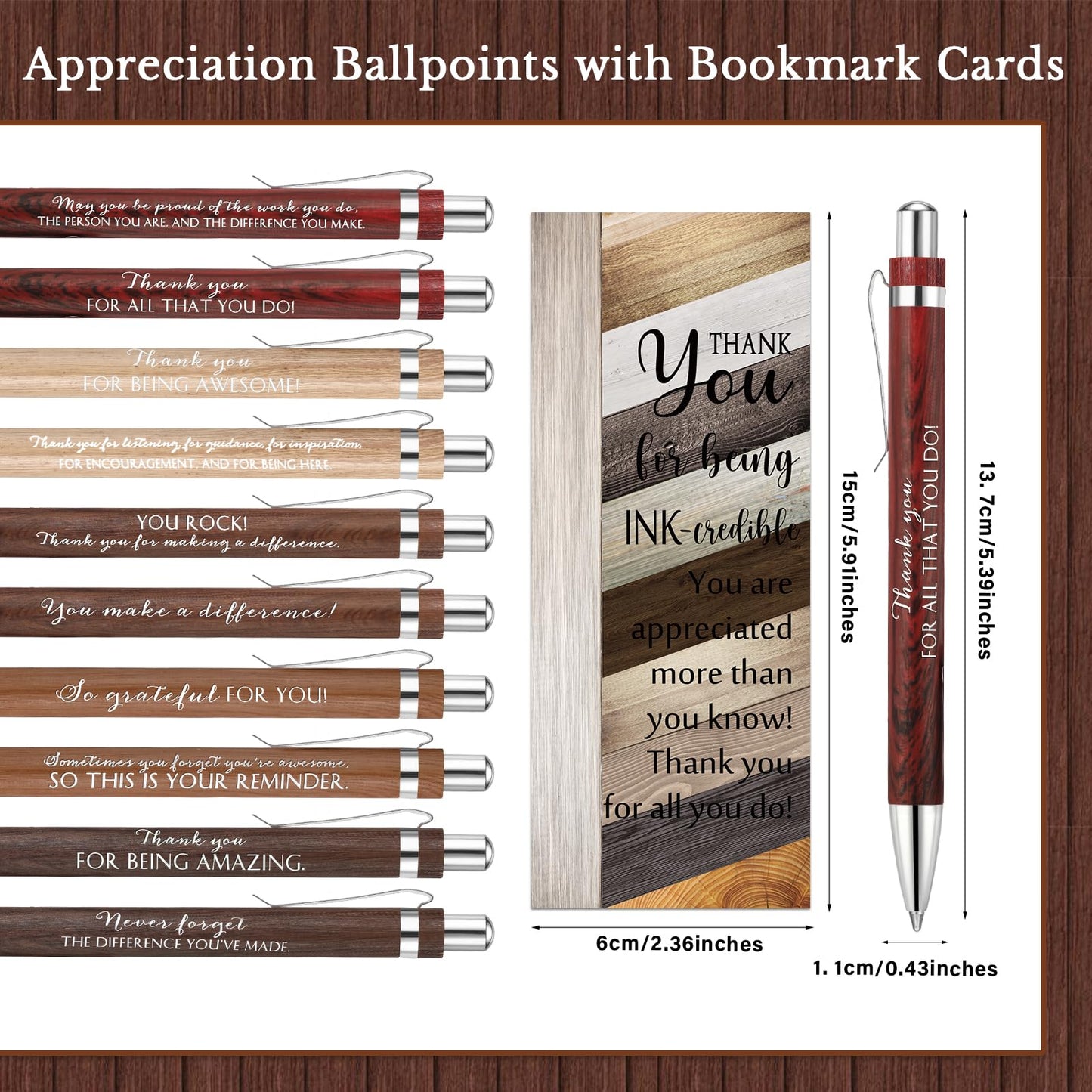 Dispowreath Employee Appreciation Gift Bulk with Bamboo Ballpoint Pen Inspirational Wooden Keychain Thank You Bookmark Card Set for Employee Staff Office Team Volunteer Teacher Gift(40 Sets)