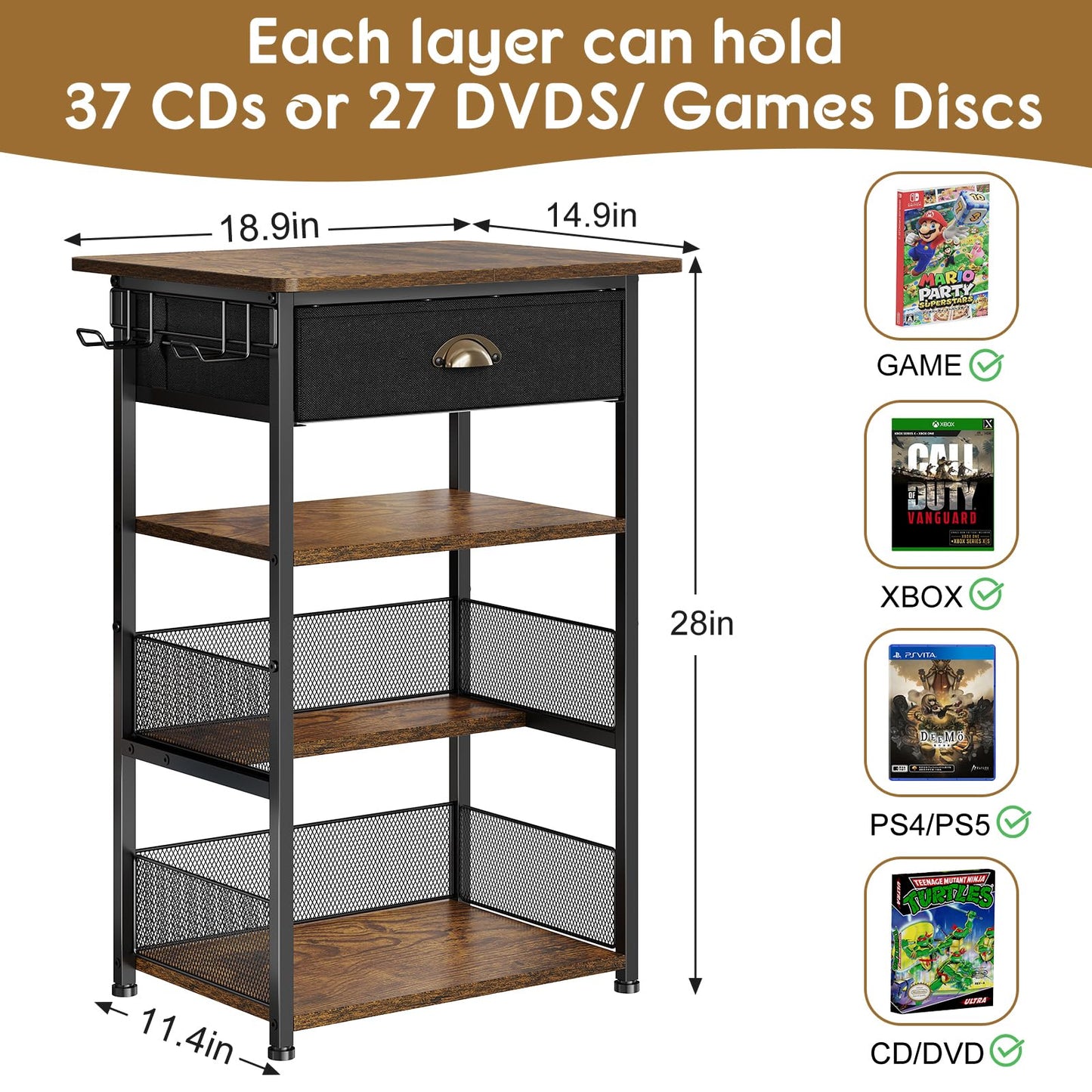 Hongtamoya 4-Tier AV Media Stand with Drawer, Video Game Console Shelf with 2 Hooks, Audio Rack Tower Perfect for/Xbox/ PS5/Switch/Game Consoles/DVD/Record Player/Projector/Sky Box/TV Accessories
