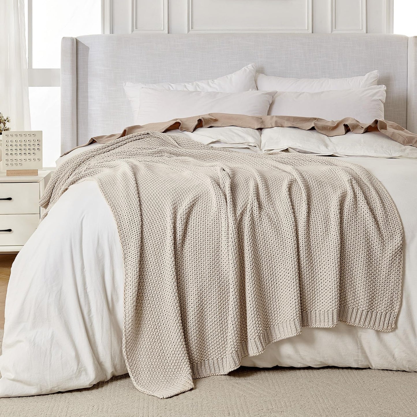 Joydeco Chunky Cable Knit Throw Blanket, Lightweight 100% Organic Cotton Soft Cozy Throw Twin Blanket for Couch Bed and Sofa, Rustic Breathable Farmhouse Blanket Gift for Women Men(Beige, 60"x80")