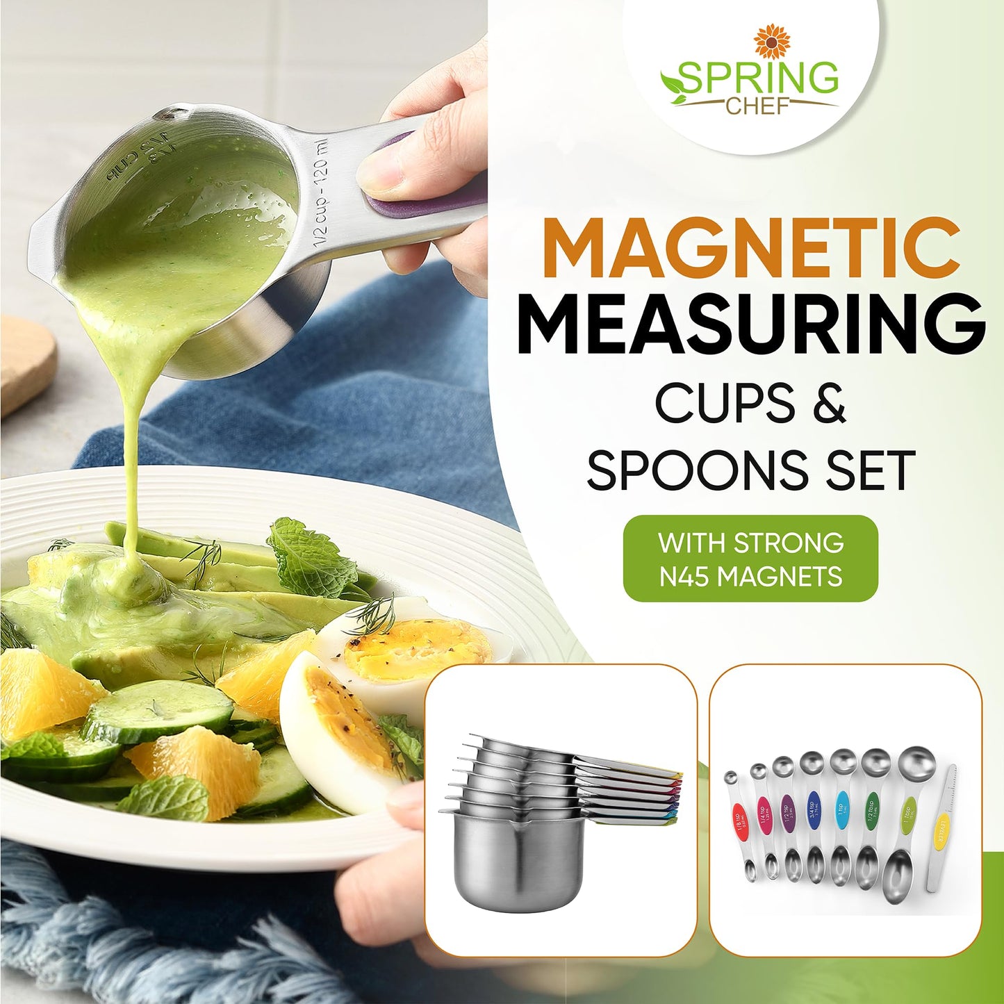Spring Chef Magnetic Measuring Cups & Spoons Set, Patented, Strong N45 Magnets, Heavy Duty Stainless Steel Fits in Spice Jars for Baking & Cooking, BPA Free, Set of 15 with Leveler, Multicolor