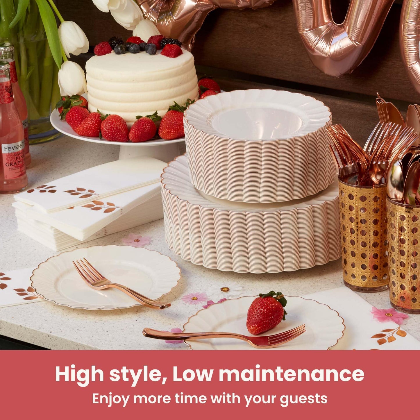 By Madee HEAVYWEIGHT 175 Pc Fancy Disposable Dinnerware Set | Ivory Rose Gold Scalloped Plates and Napkins, Cutlery Elegant Disposable Plates Set for Wedding, Bridal Shower, Baby Shower (25 Guests)
