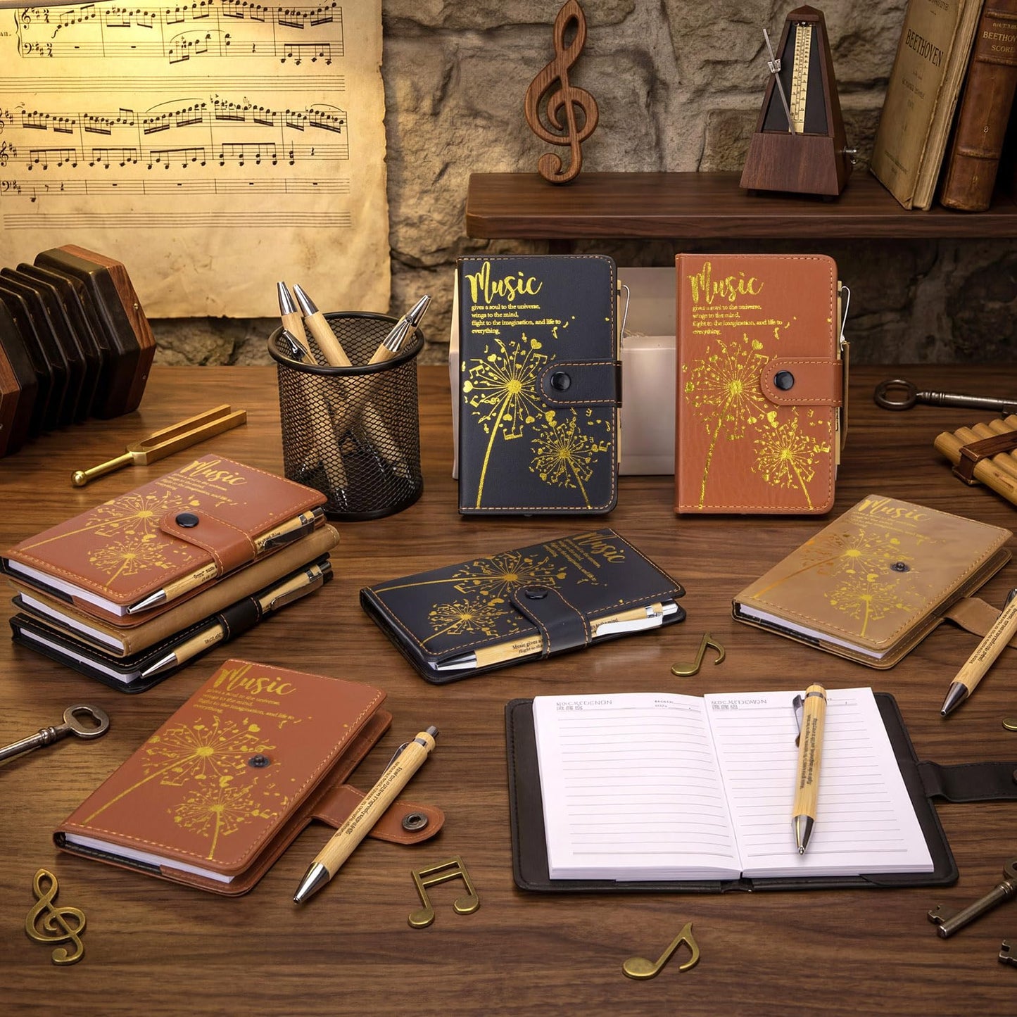 Gueevin 15 Sets Music Graduation Gifts for Students Choir Members Inspirational Music Themed Leather Notebook with Piano Ballpoint Pen Graduation Gift for Teen Student Musician Teacher(Burlywood)